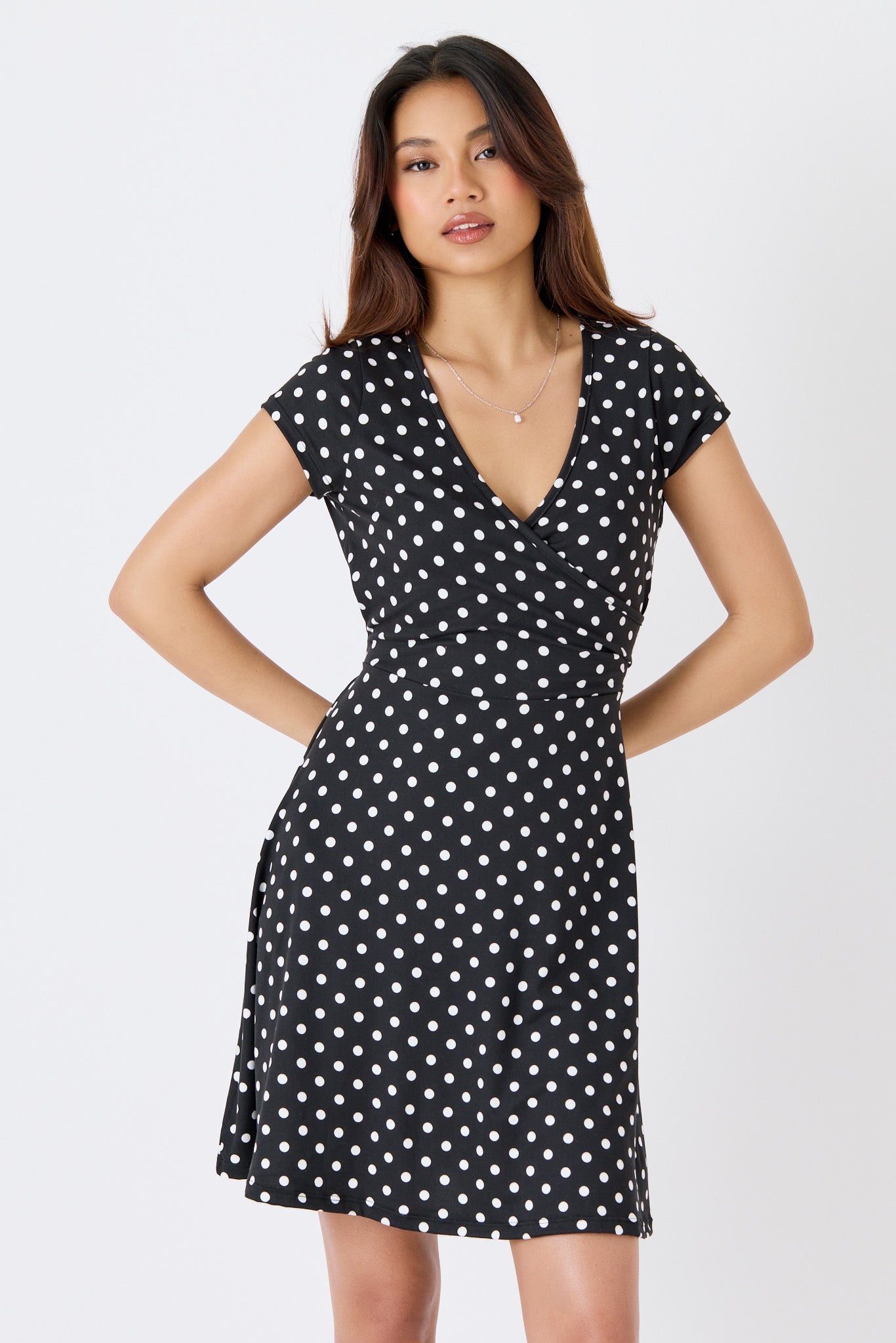 Polka Dot Brushed Crossover Cap Sleeve Dress