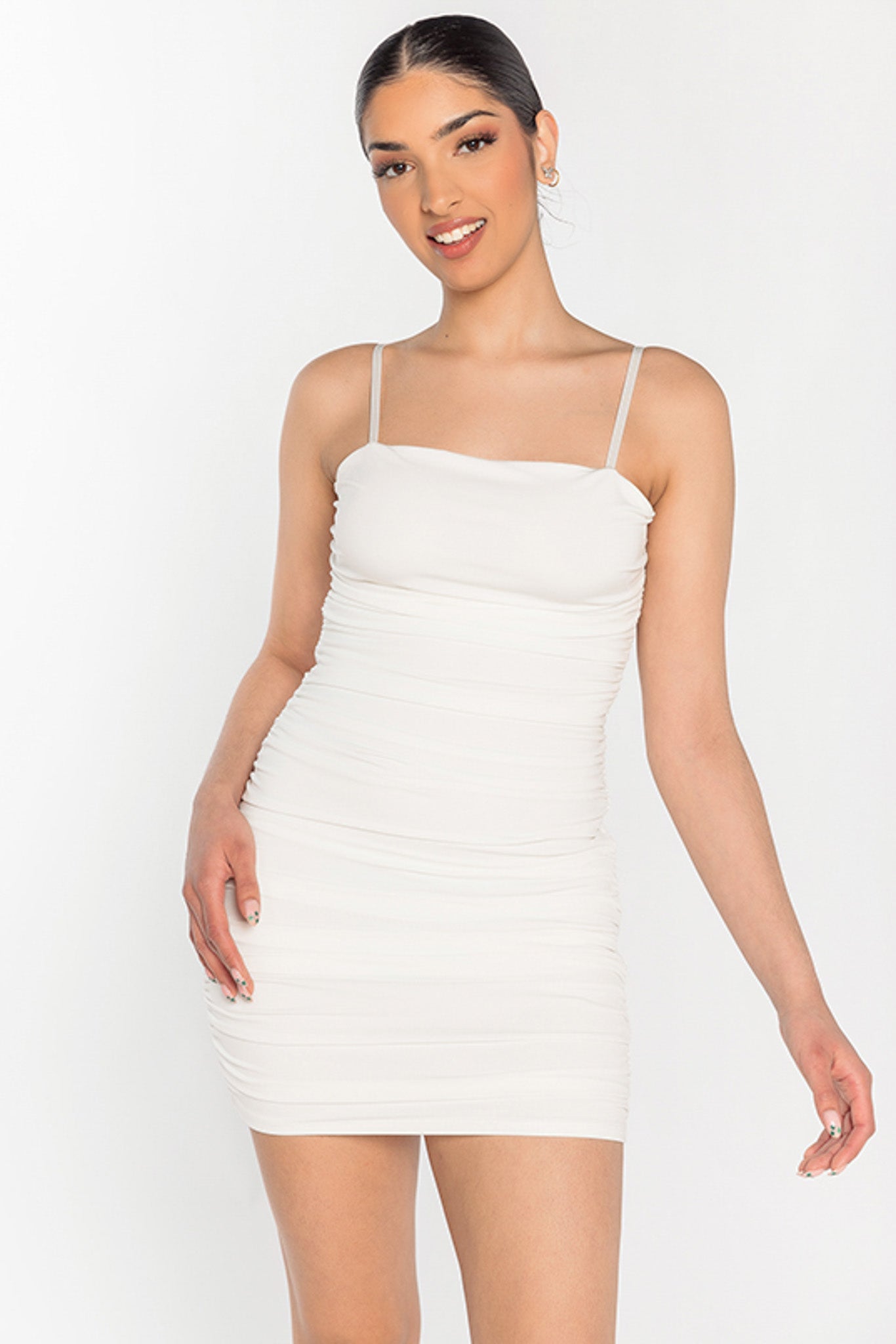 Spaghetti Strap Ruched Bodycon Dress with Open Back
