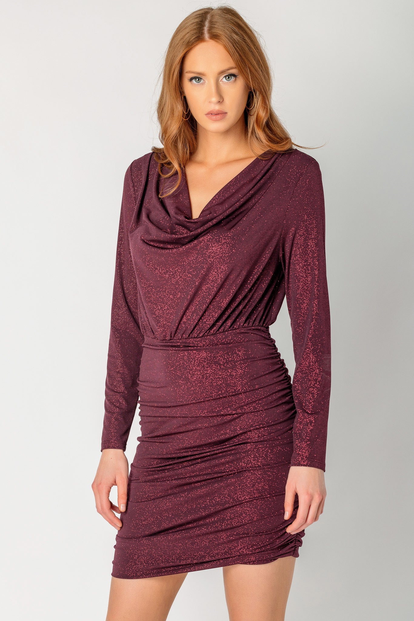 Glitter Long Sleeve Drape Neck with Ruched Skirt