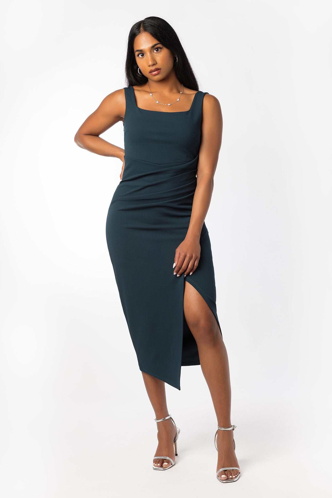 Scuba Square Neck Midi Dress with Side Slit