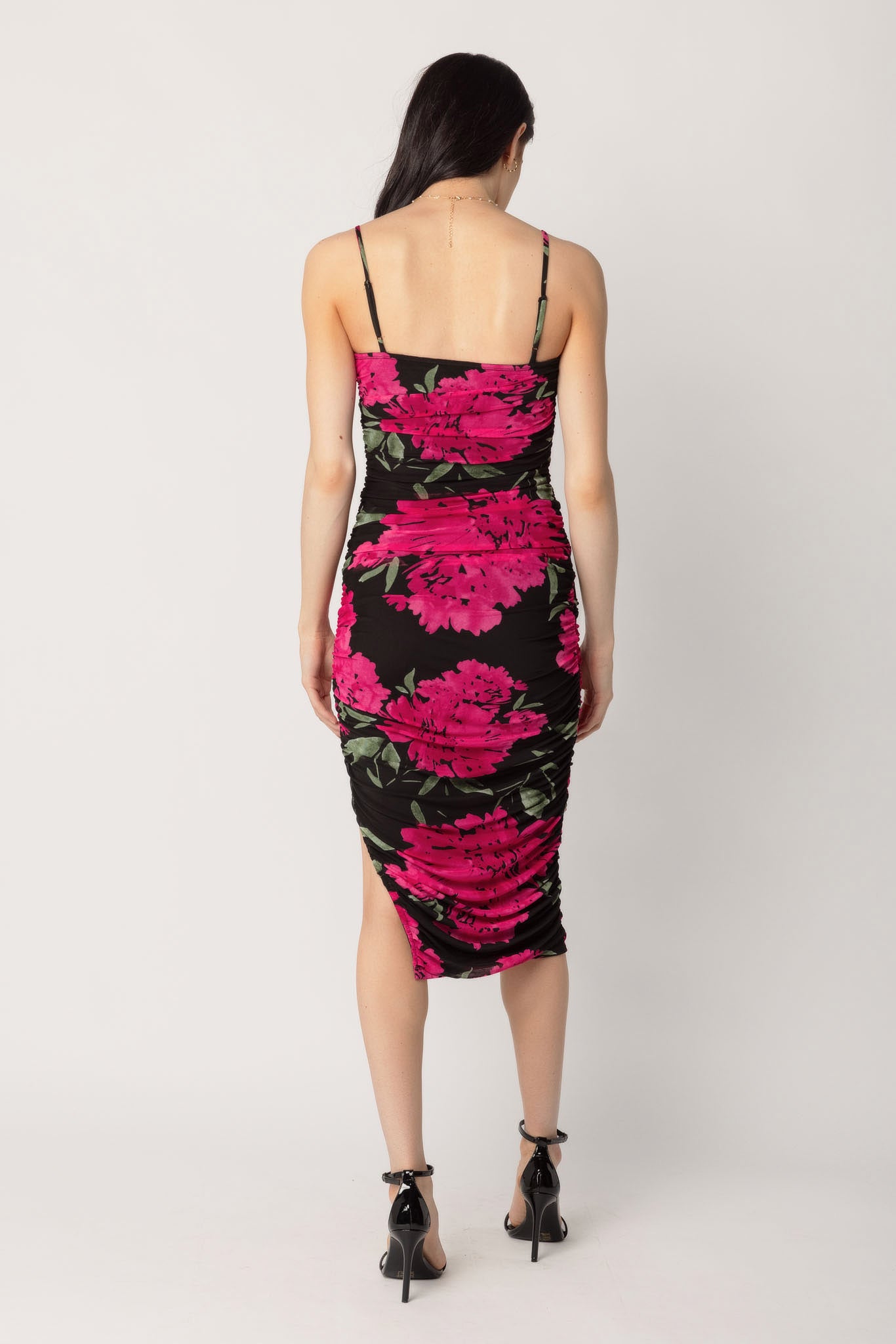Bright Floral Mesh Midi Dress with Side Slit
