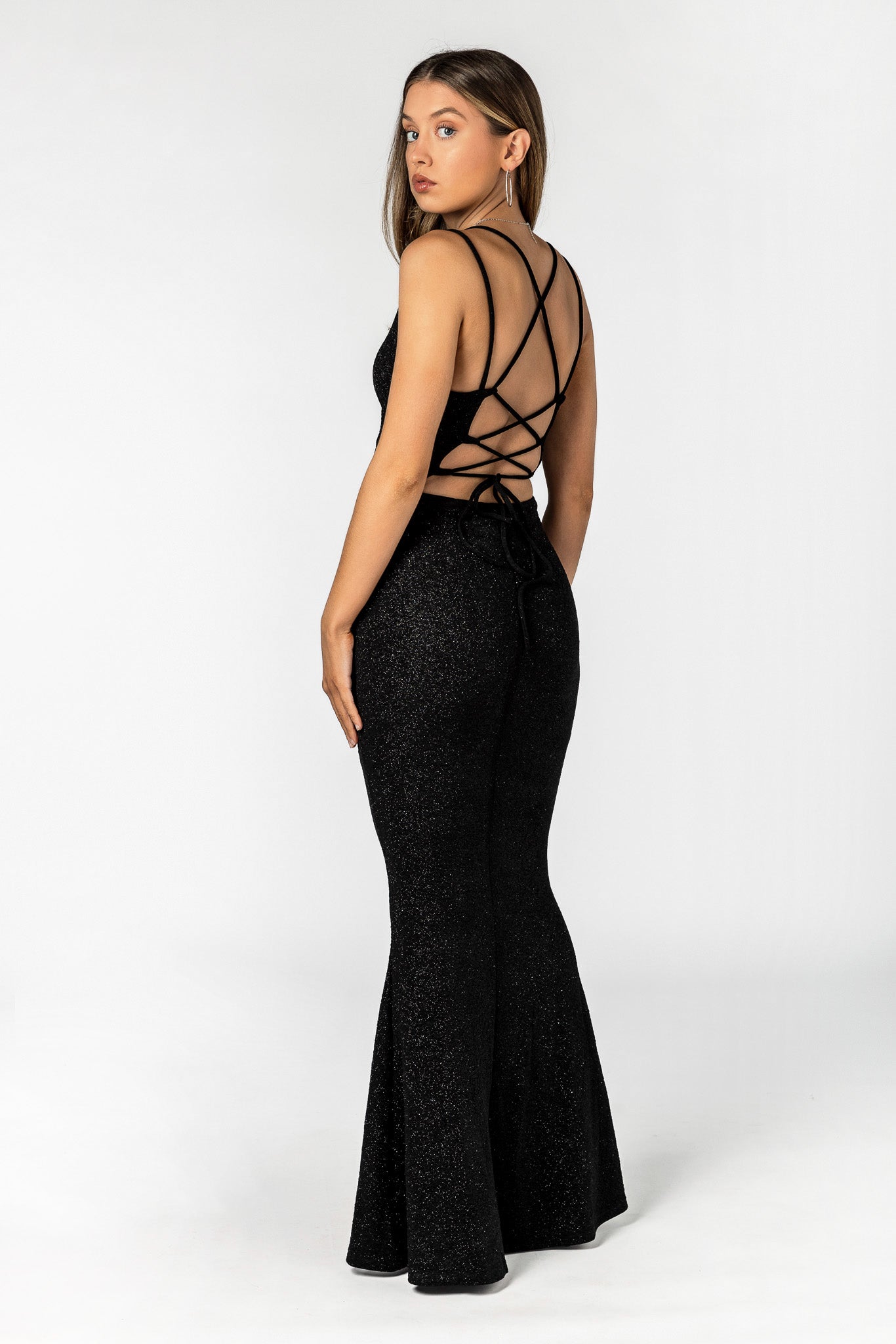 Glitter Fukuro Mermaid Maxi Dress with Lace-Up Back