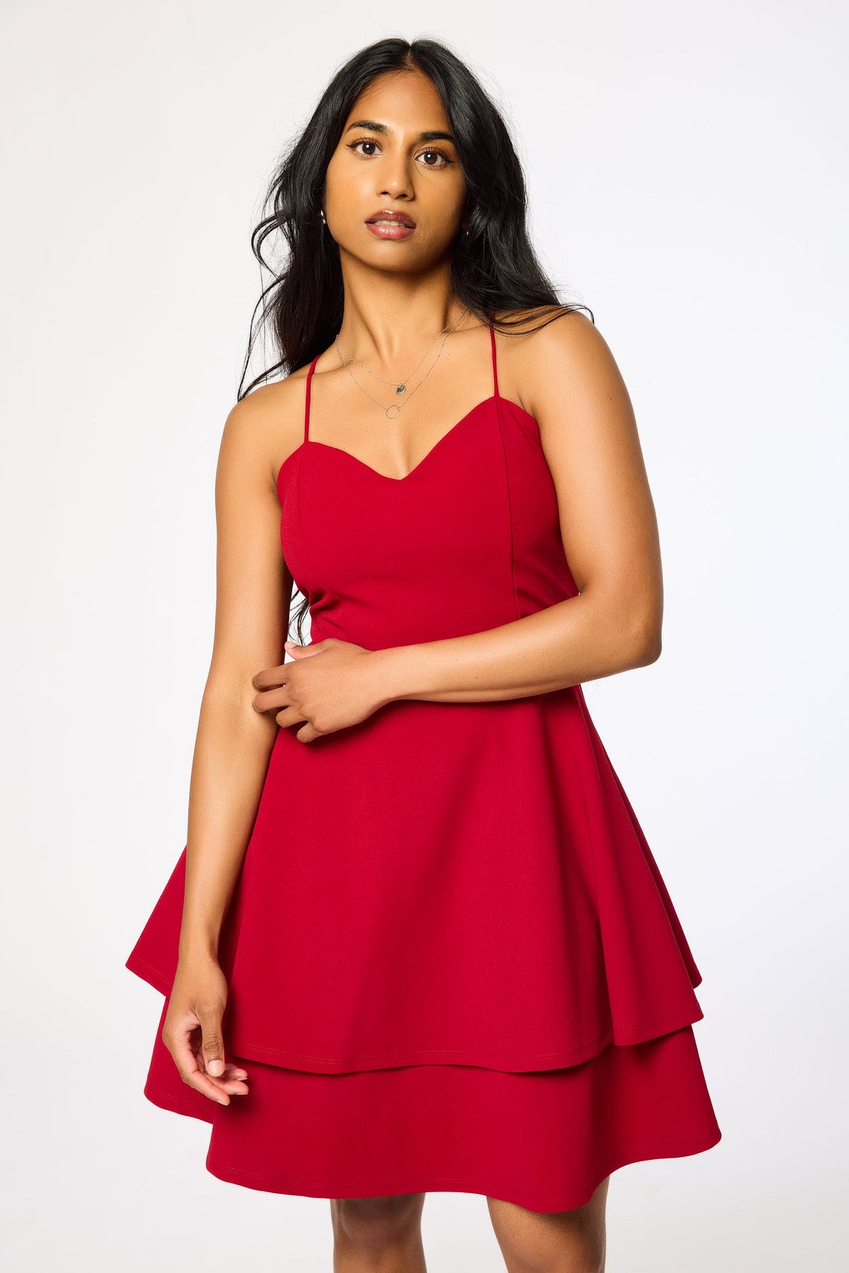 Stretch Crepe Double Hem Lace-Up Skater Dress