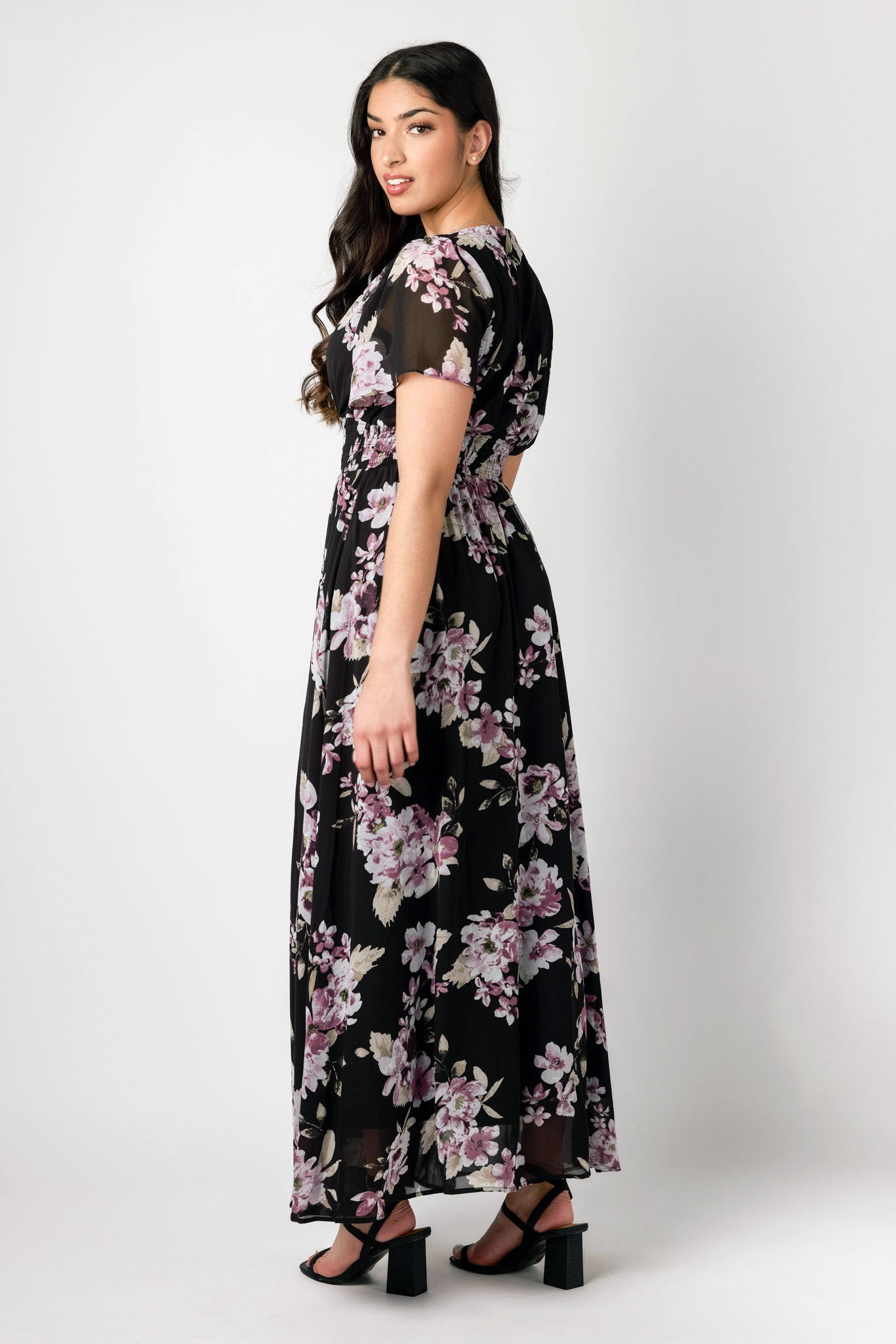 Floral Chiffon Flutter Sleeve Maxi Dress