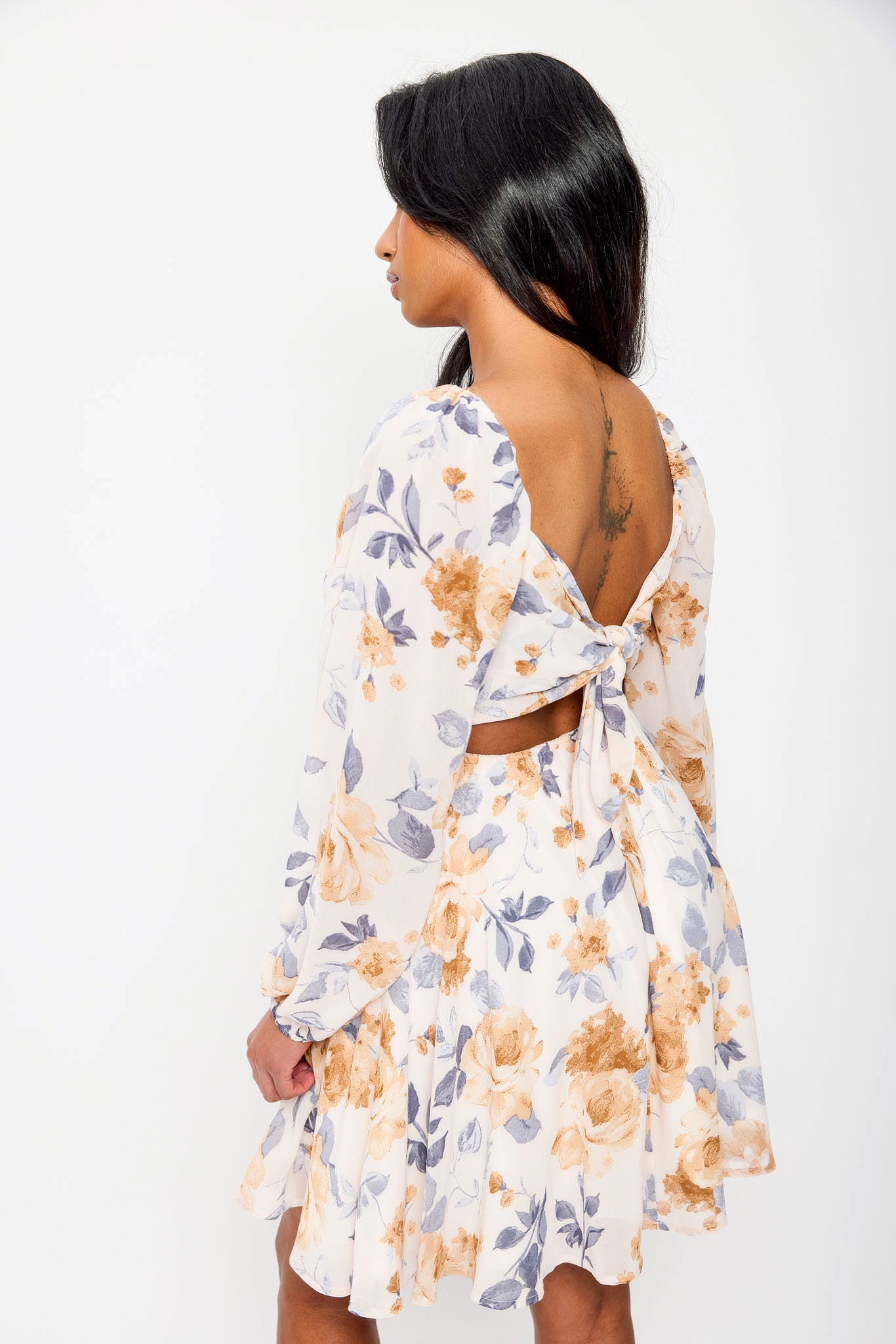 Floral Chiffon Tie-Back Balloon Sleeve Dress