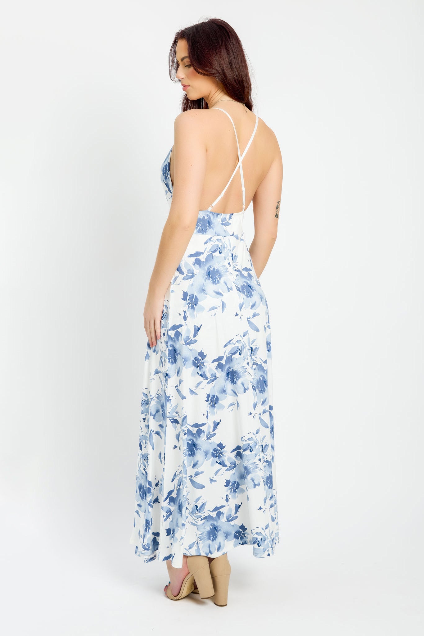 Floral Sleeveless Maxi Dress with Side Slits and Shorts