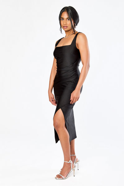Satin Square-Neck Midi Dress with Side Slit – Eclipse