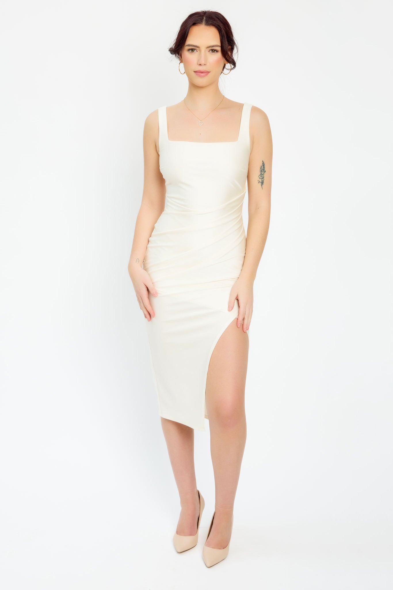 Satin Square-Neck Midi Dress with Side Slit