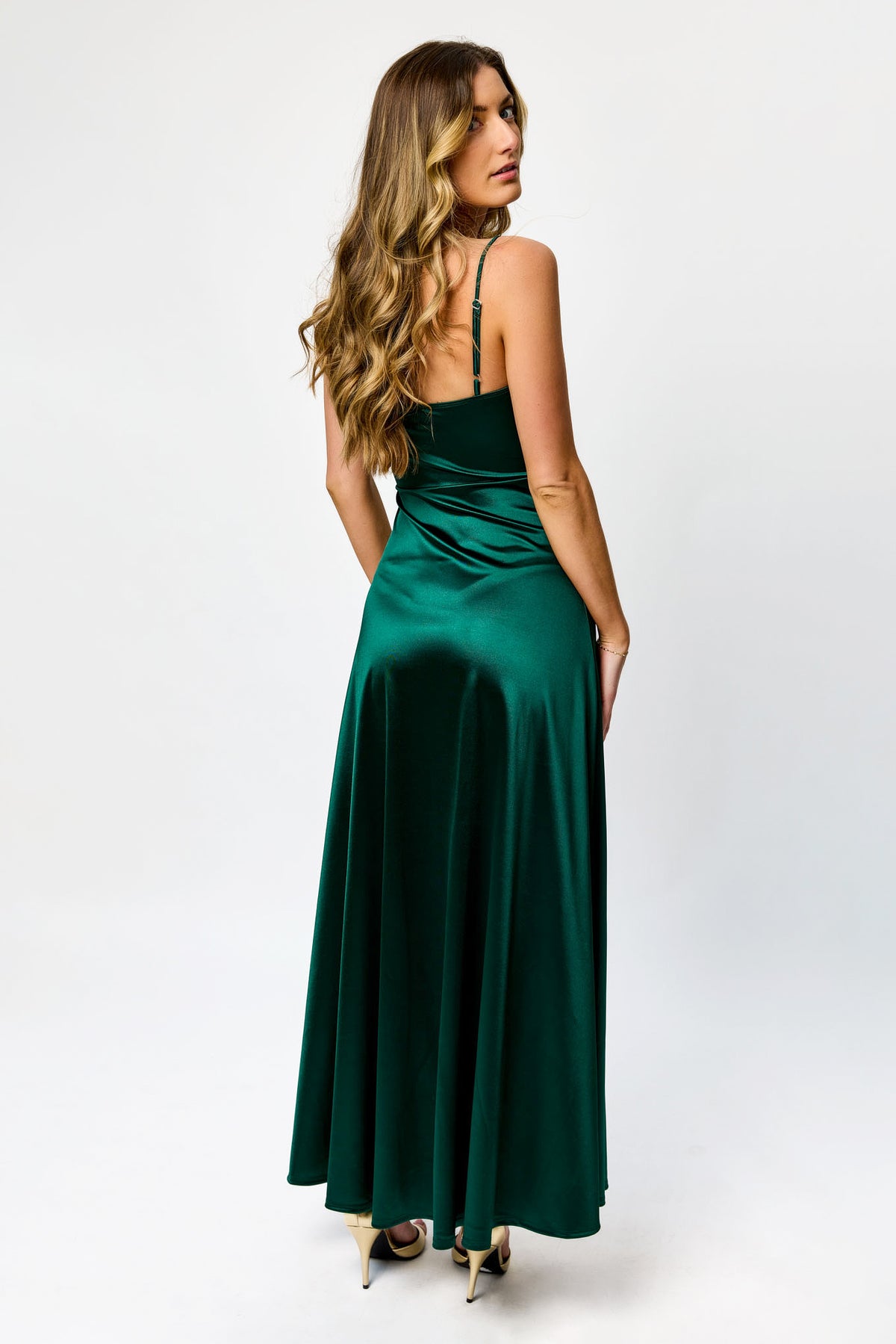 Satin Spaghetti Strap Pleated Bust Maxi Dress with Side Slit