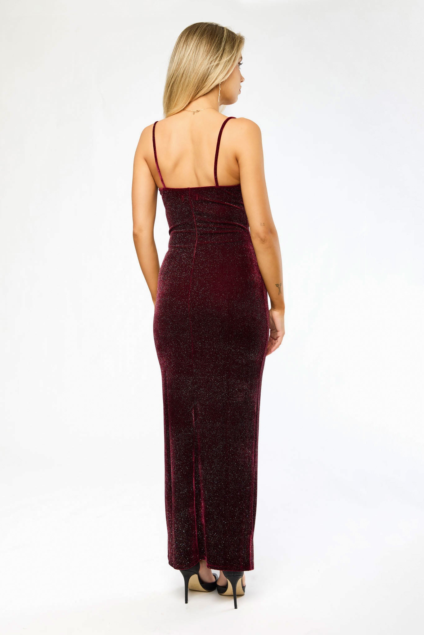 Glitter Velvet Drape-Neck Spaghetti-Strap Maxi Dress with Side Slit