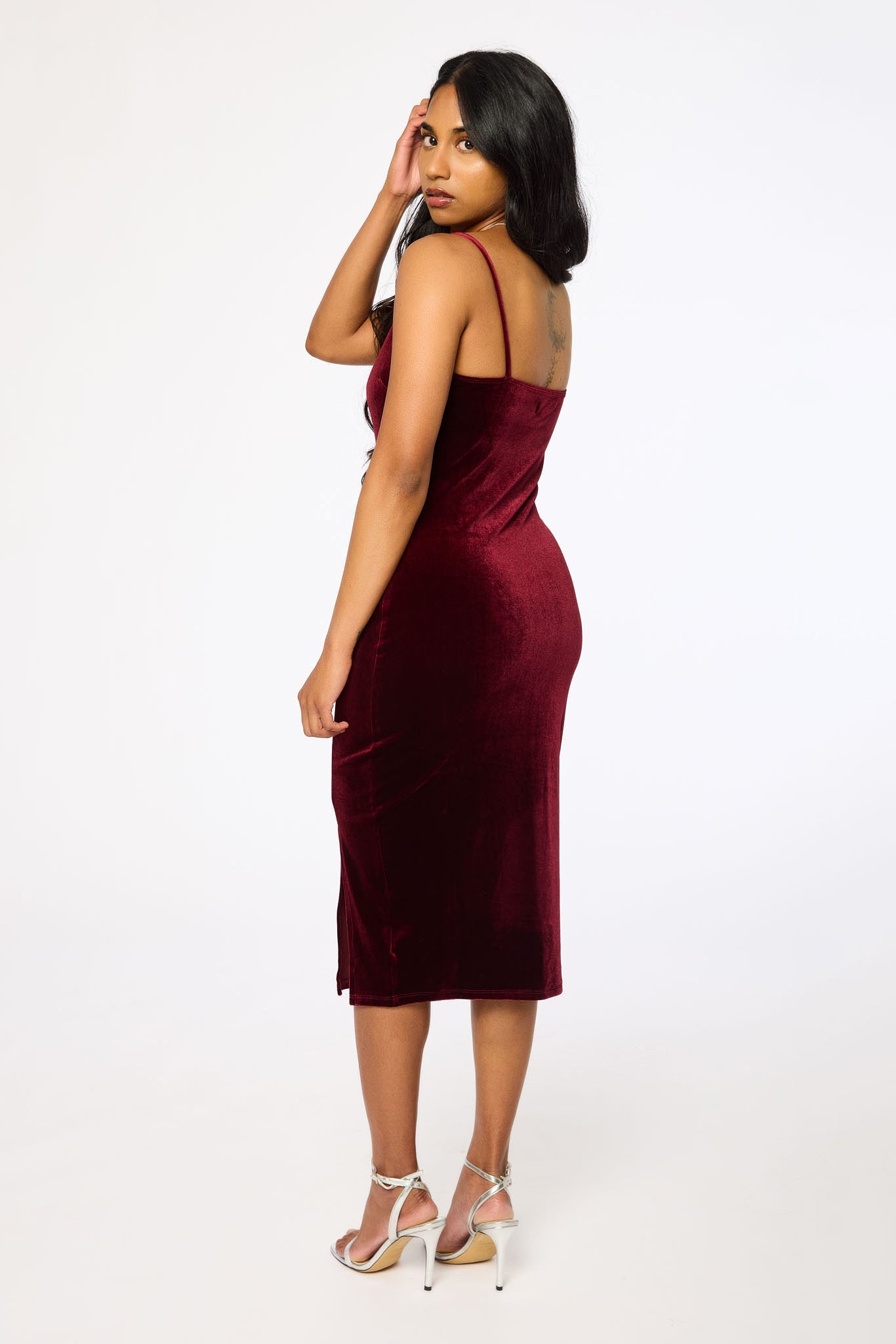 Velvet Spaghetti-Strap Midi Dress with Side Slit