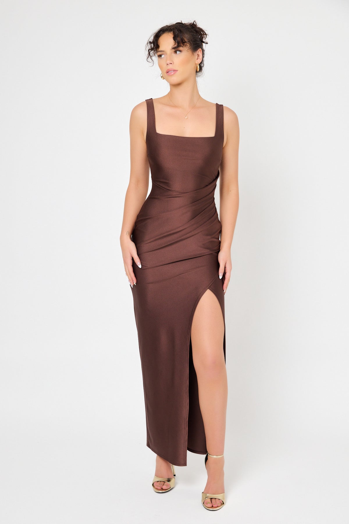 Satin Square-Neck Maxi Dress with Side Slit