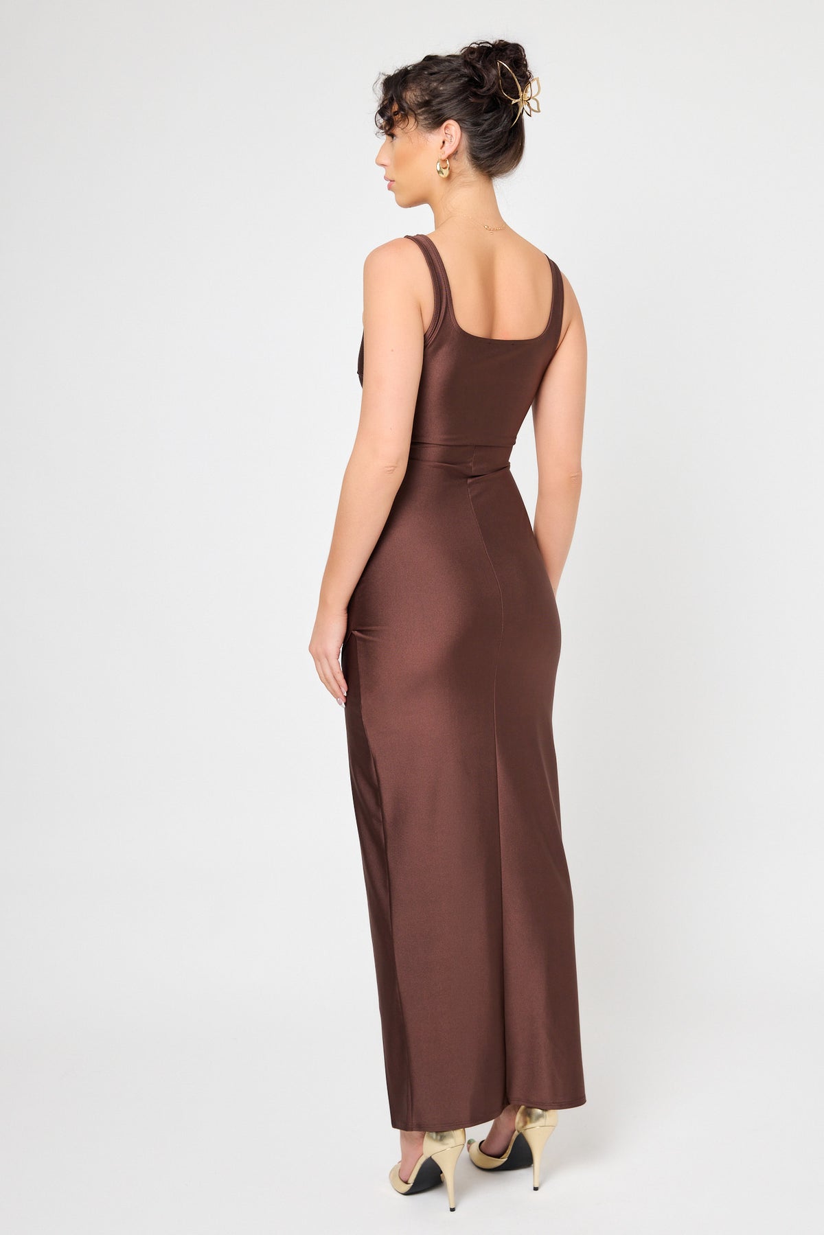 Satin Square-Neck Maxi Dress with Side Slit