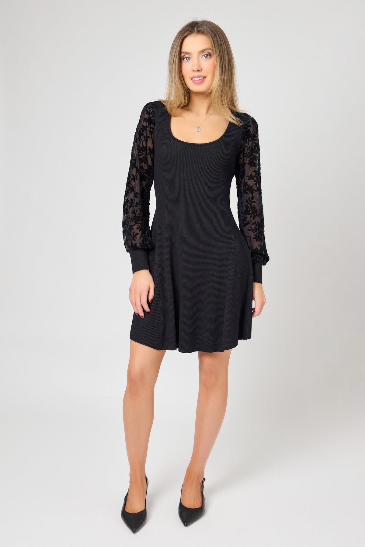 Ribbed Scoop Neck Skater Dress with Flocked Sleeves