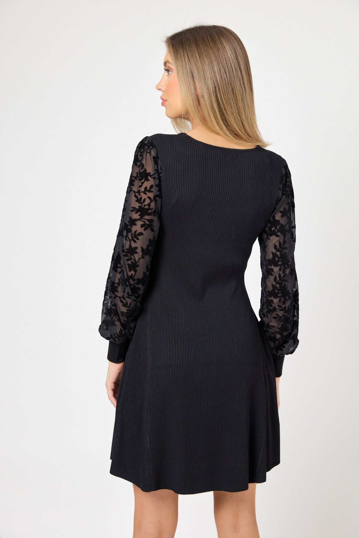Ribbed Scoop Neck Skater Dress with Flocked Sleeves