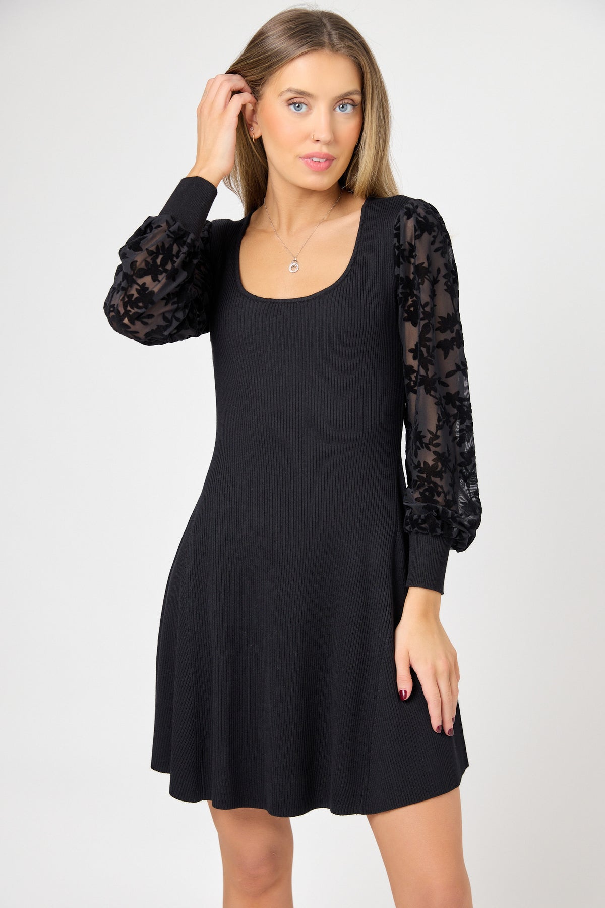 Ribbed Scoop Neck Skater Dress with Flocked Sleeves