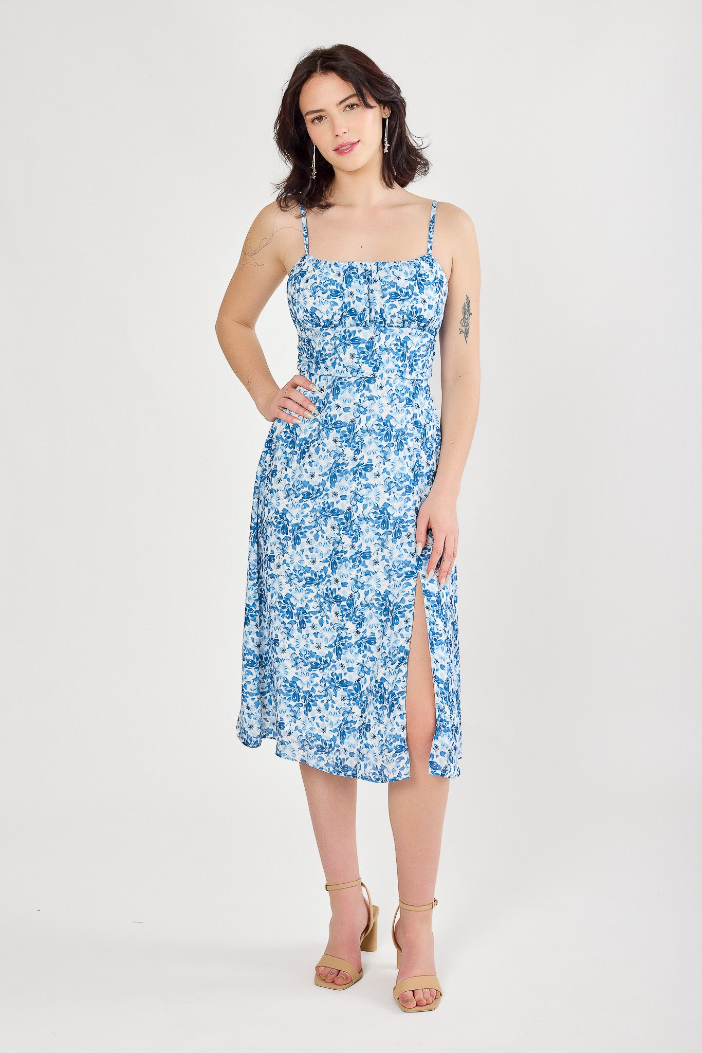Small Floral Spaghetti-Strap Midi Dress with Tie-Back