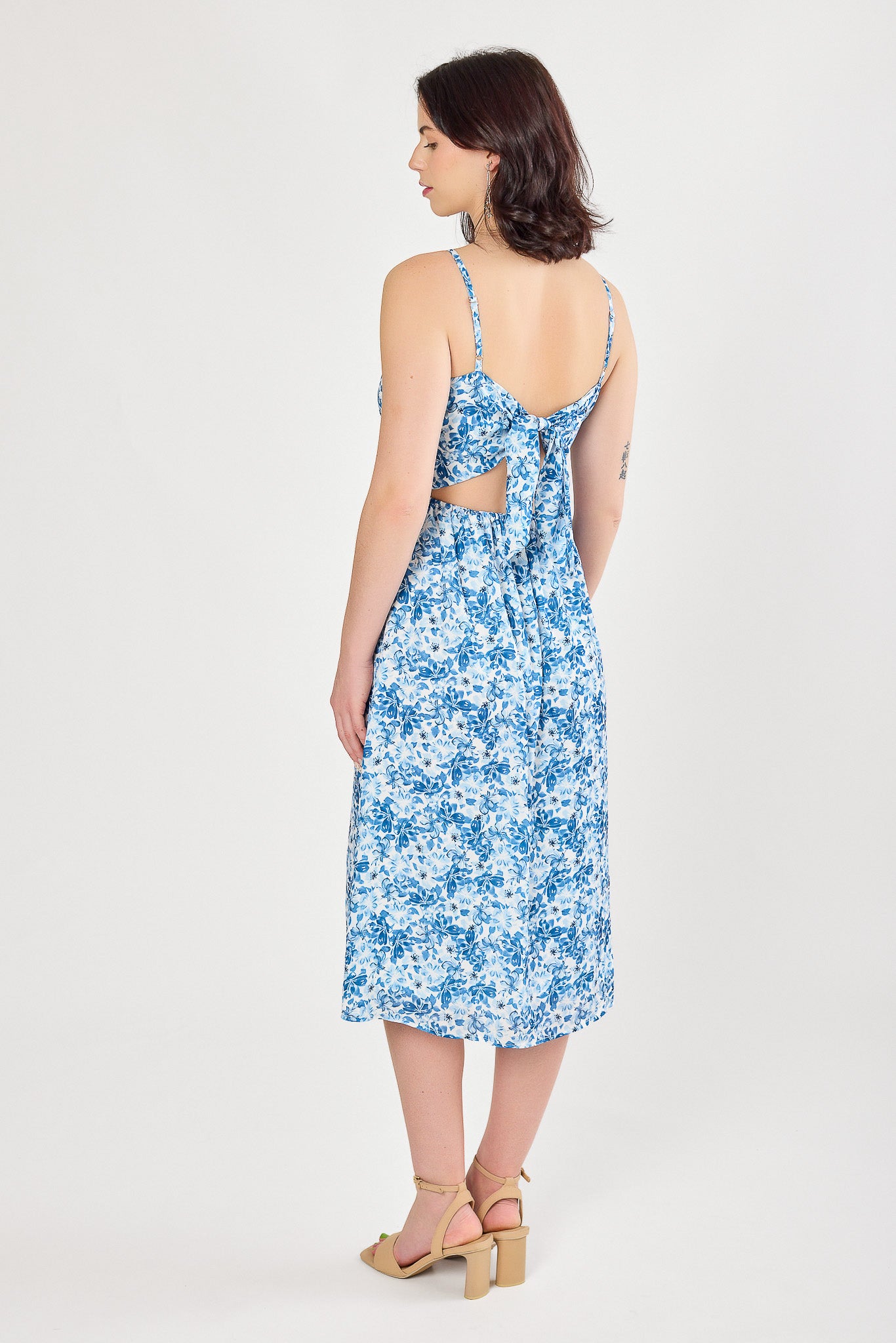 Small Floral Spaghetti-Strap Midi Dress with Tie-Back