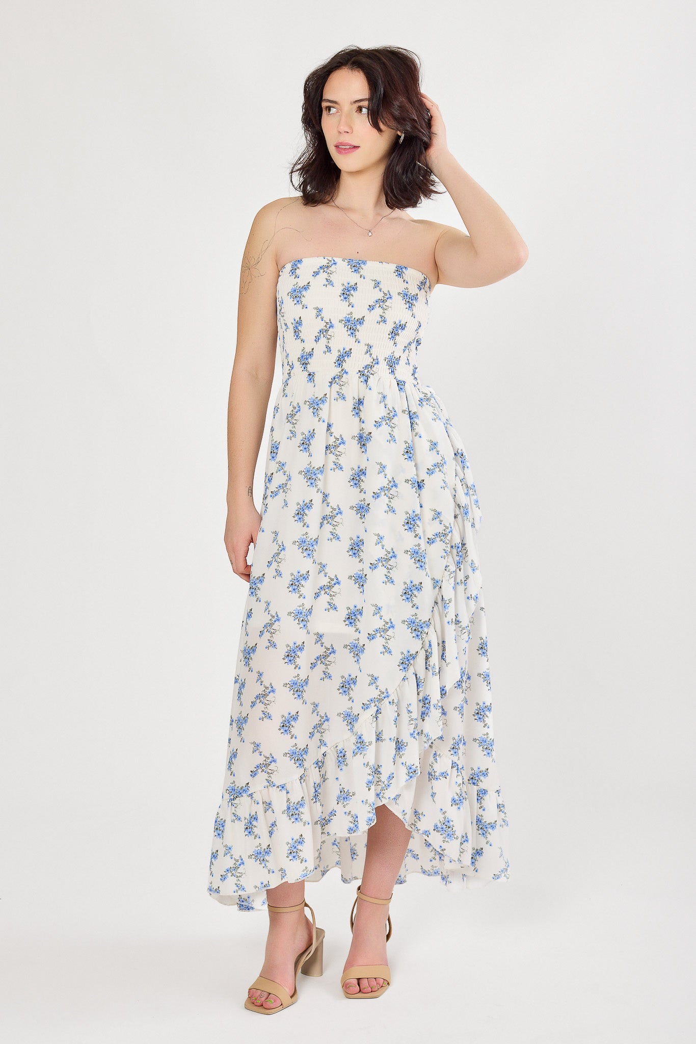 Small Floral Smocked Strapless Dress with Ruffle Hem