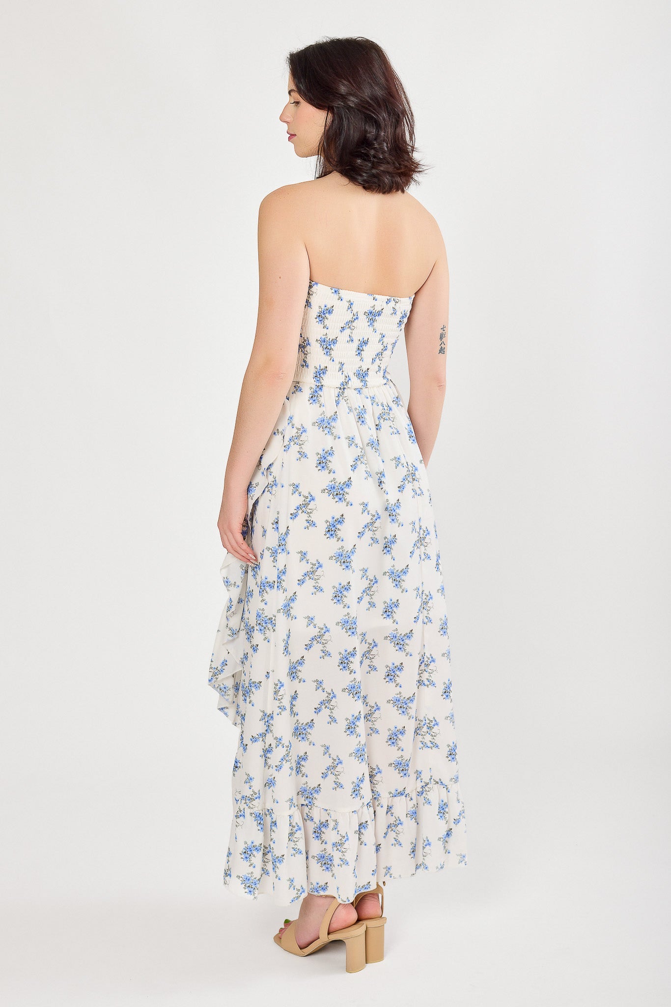 Small Floral Smocked Strapless Dress with Ruffle Hem