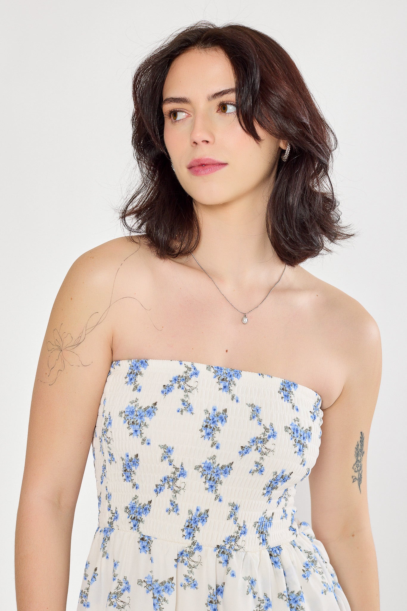 Small Floral Smocked Strapless Dress with Ruffle Hem