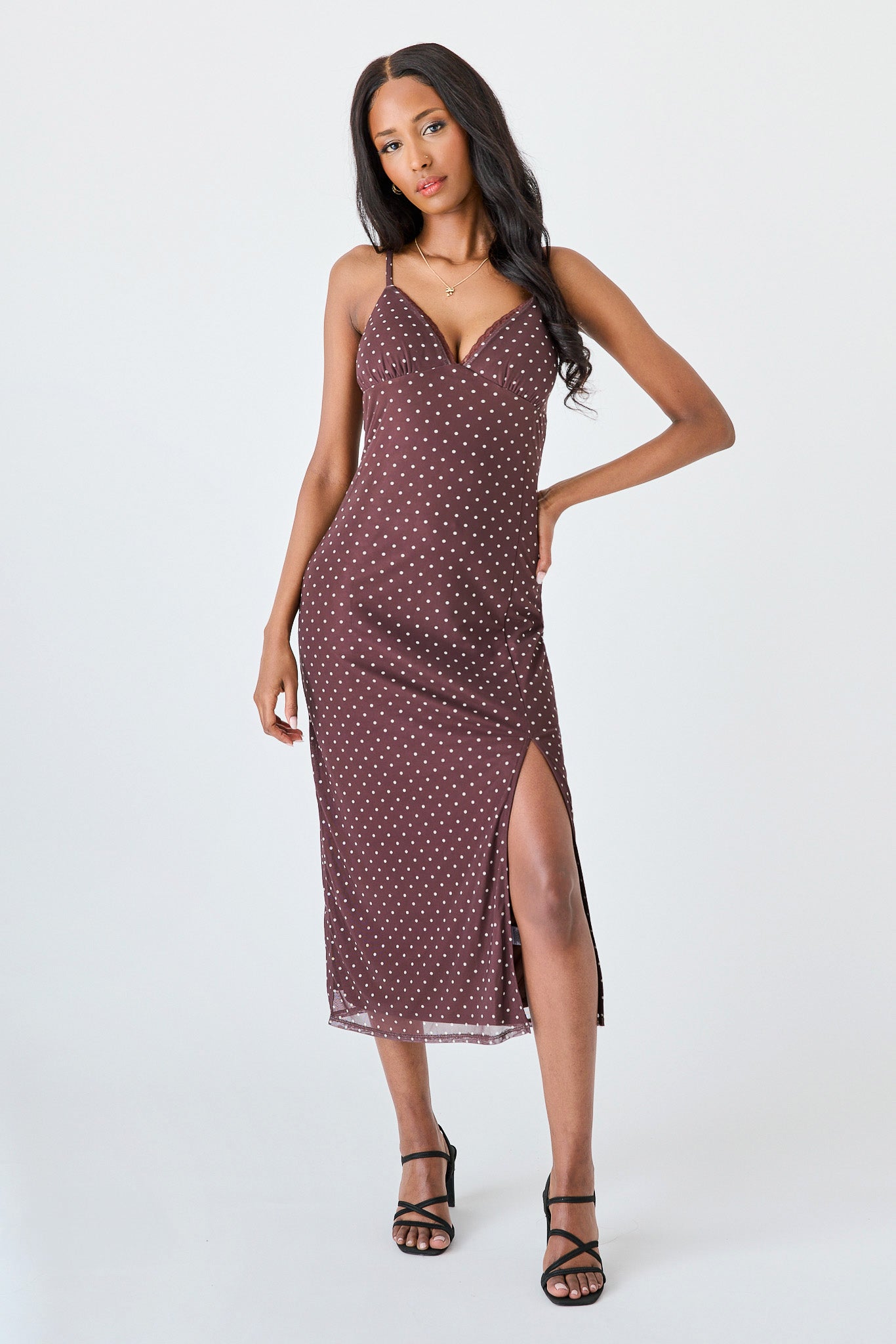 Polka-Dot Recycled Mesh Lace-Trim Midi Dress