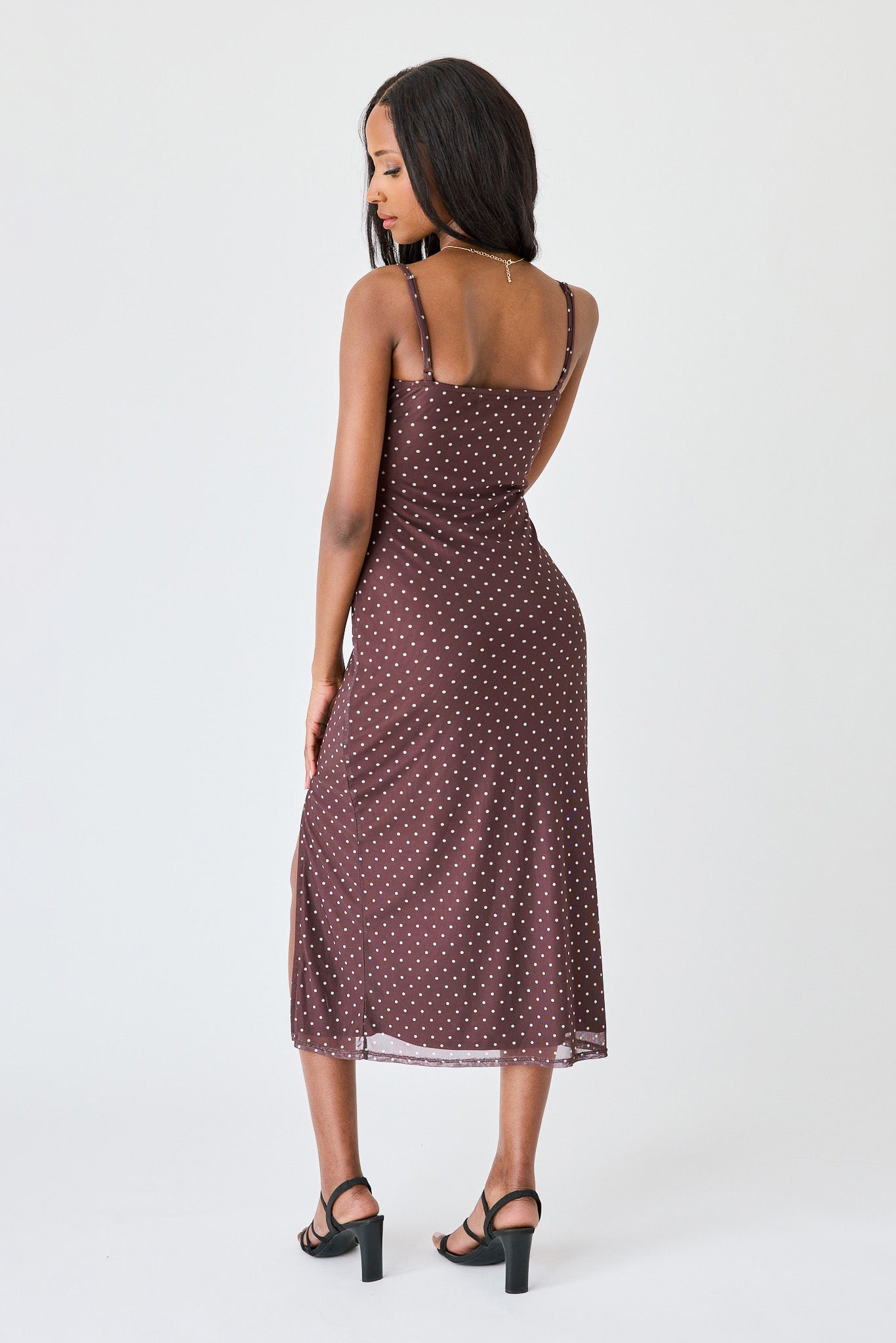 Polka-Dot Recycled Mesh Lace-Trim Midi Dress