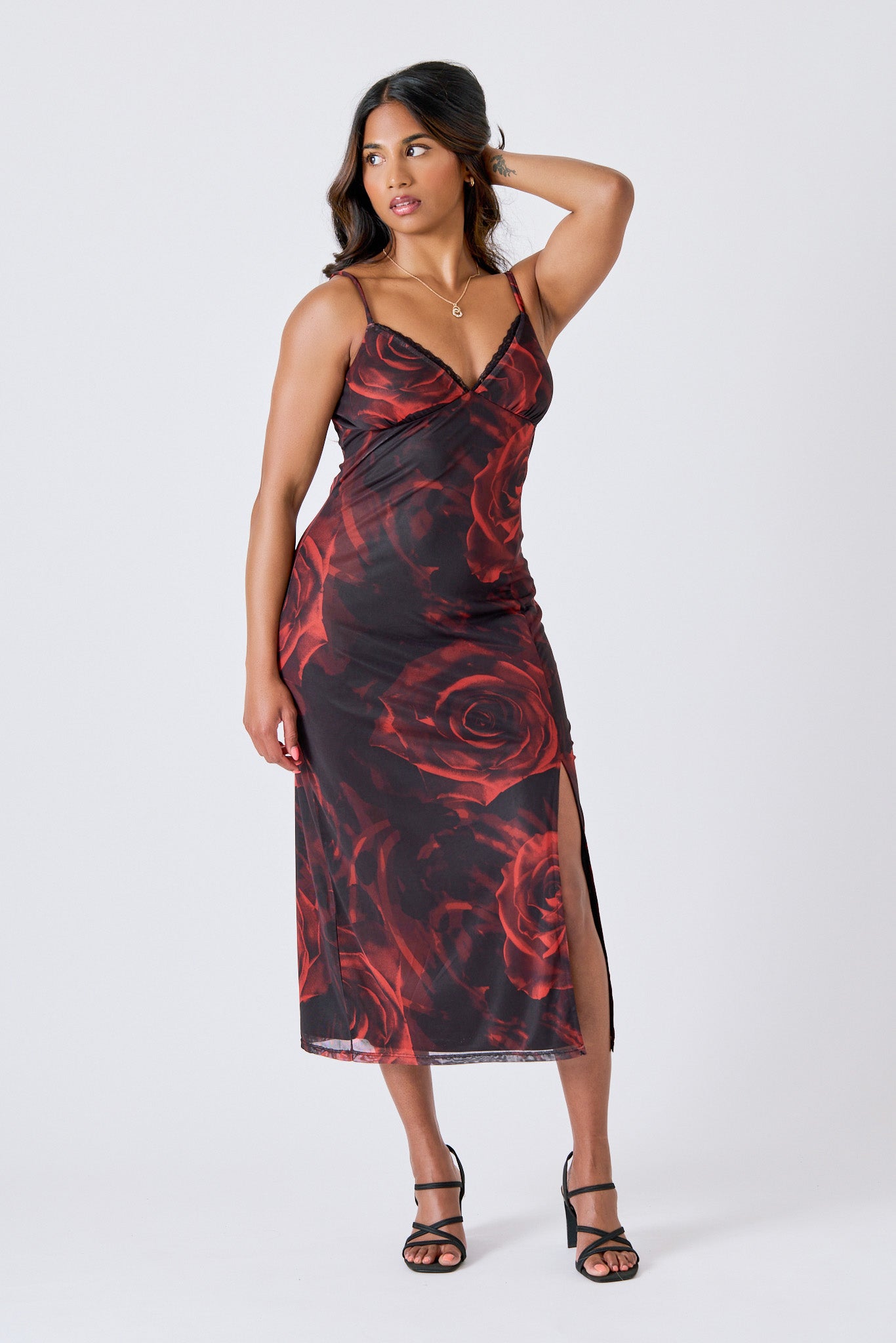 Rose Mesh Lace-Trim Midi Dress