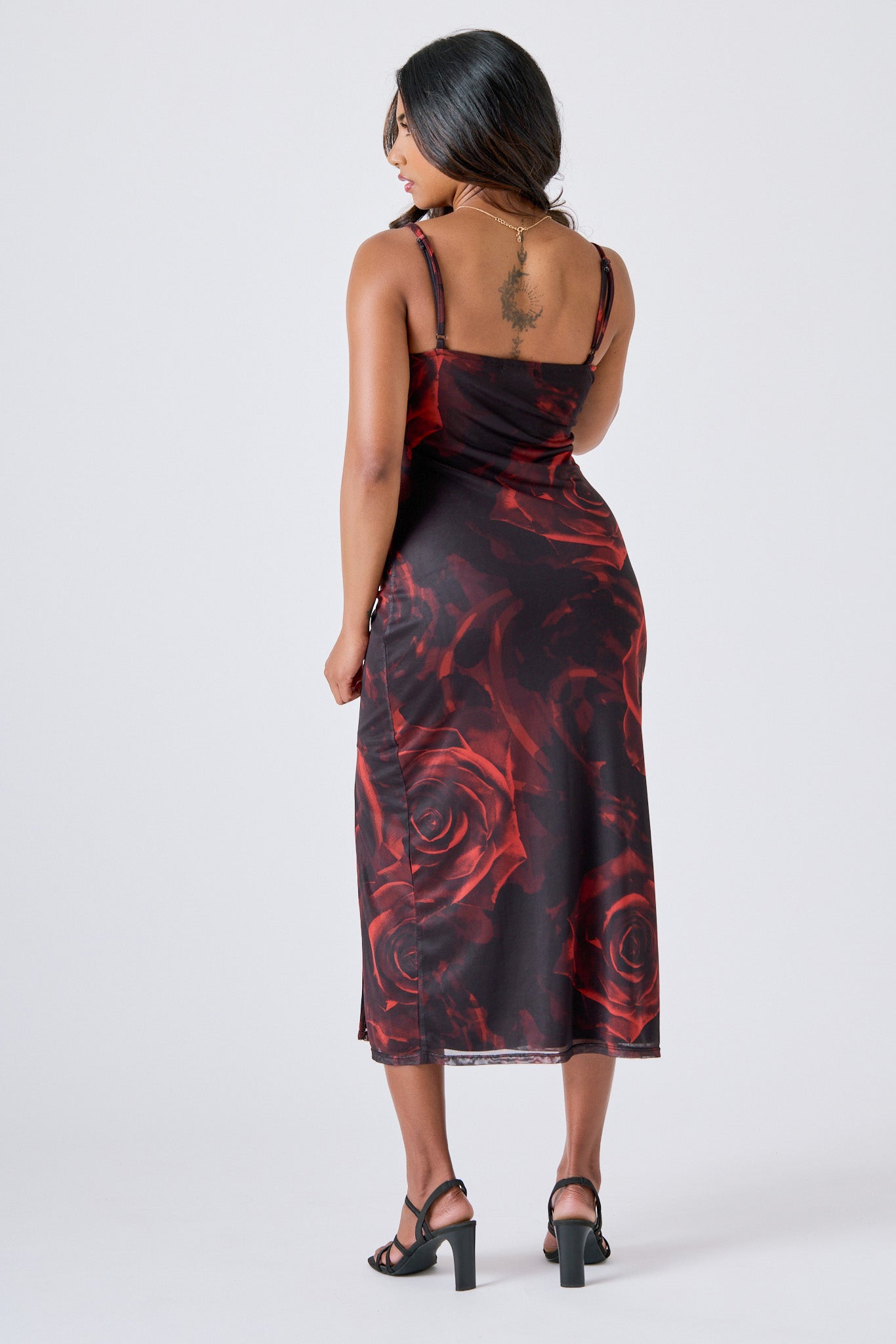 Rose Mesh Lace-Trim Midi Dress