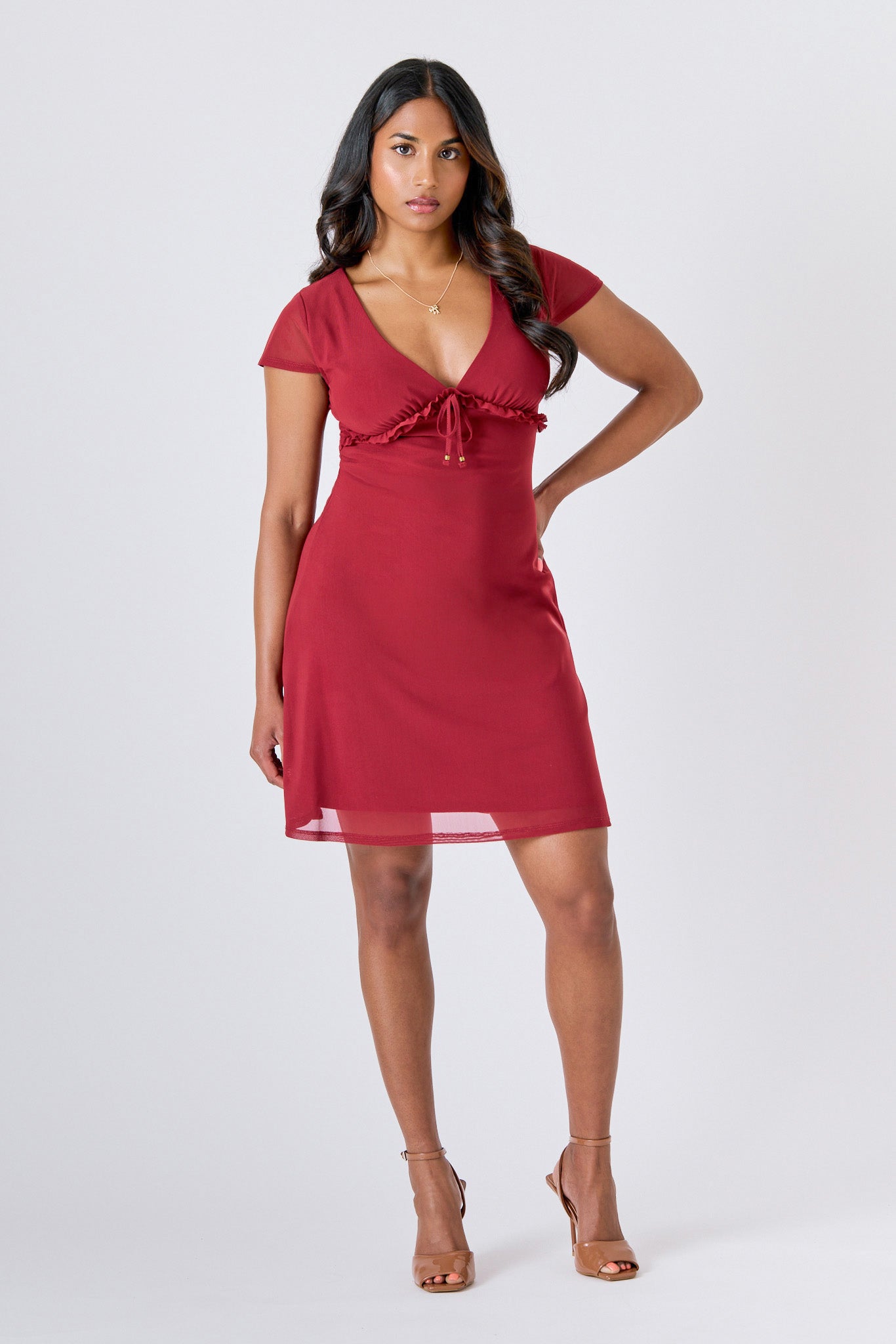 Mesh V-Neck Ruffle Dress