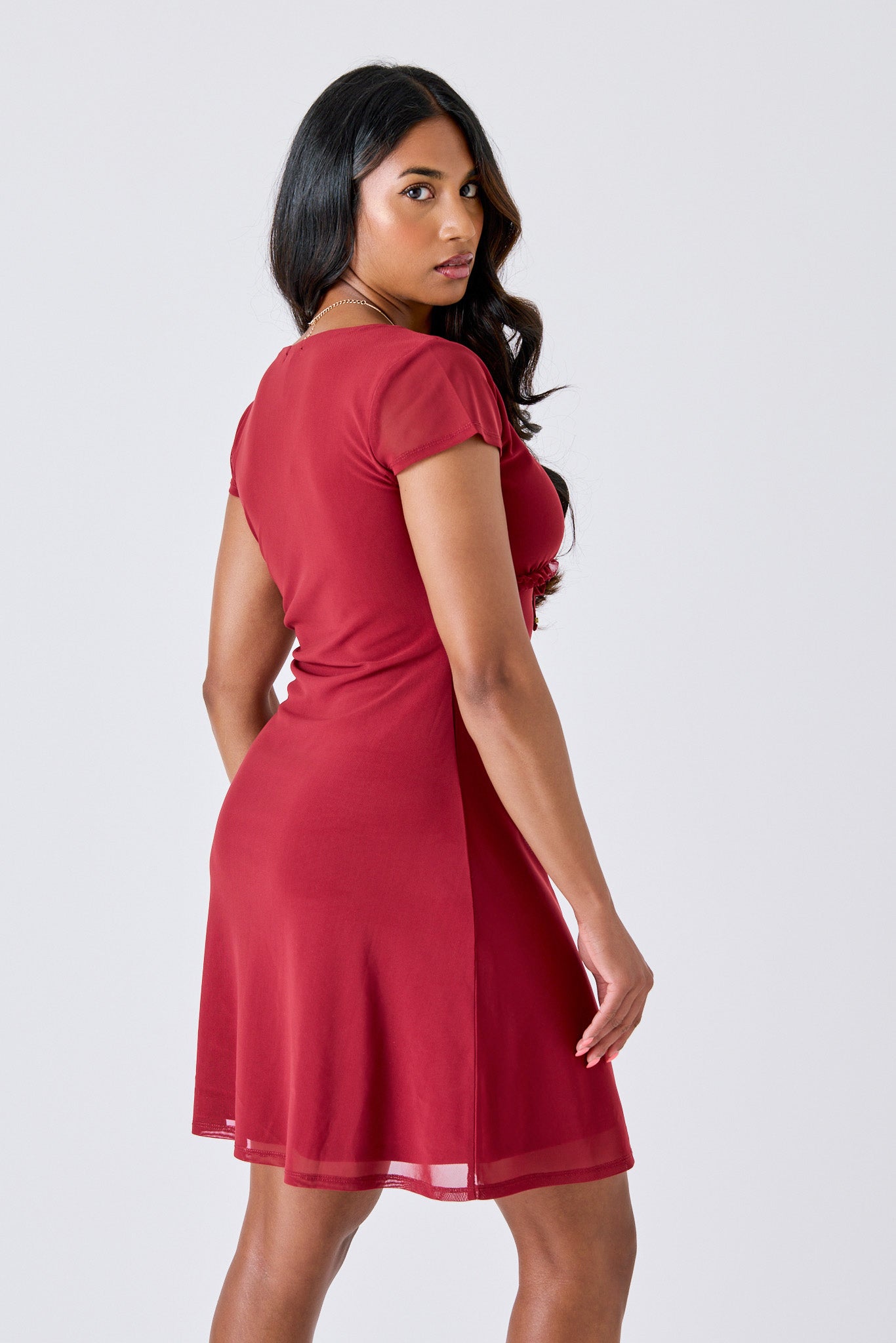 Mesh V-Neck Ruffle Dress