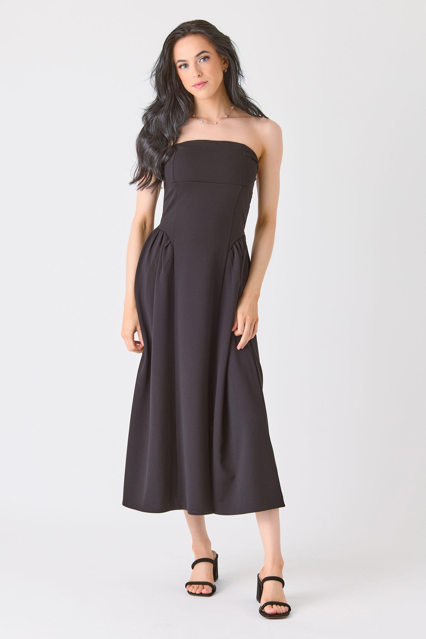 Stretch Crepe Strapless Midi Dress with Side Slit &amp; Structured Cups