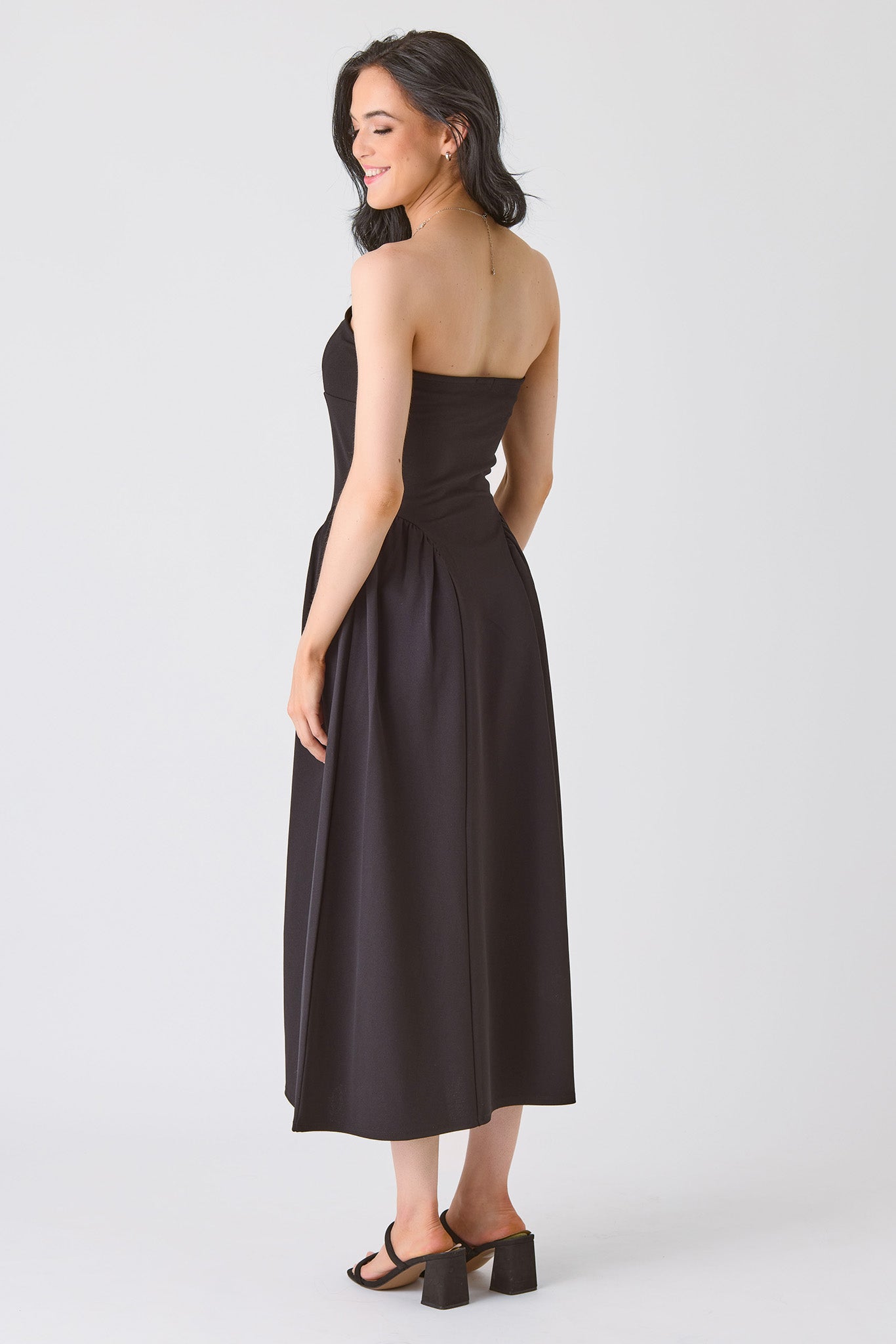 Stretch Crepe Strapless Midi Dress with Side Slit &amp; Structured Cups