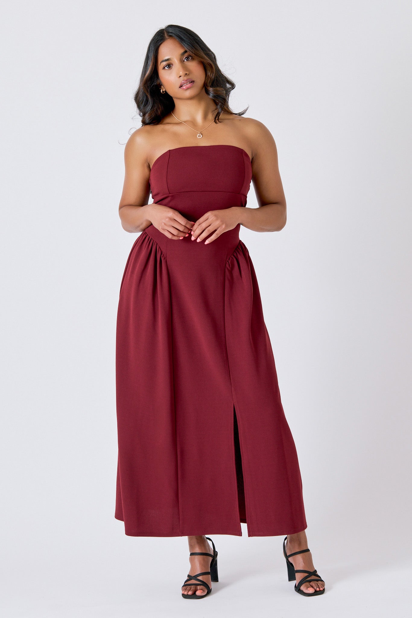 Stretch Crepe Strapless Midi Dress with Side Slit &amp; Structured Cups