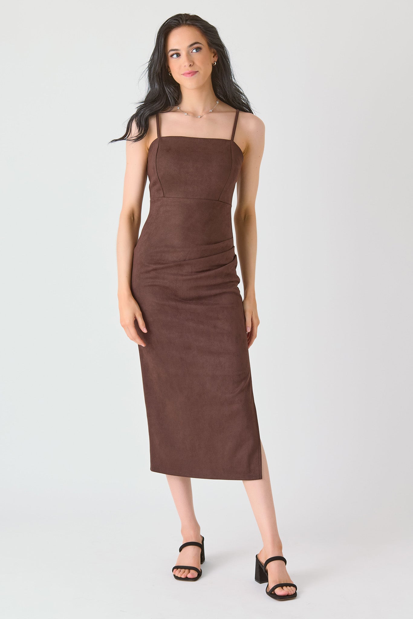 Faux Suede Ruched Side Midi Dress with Side Slit