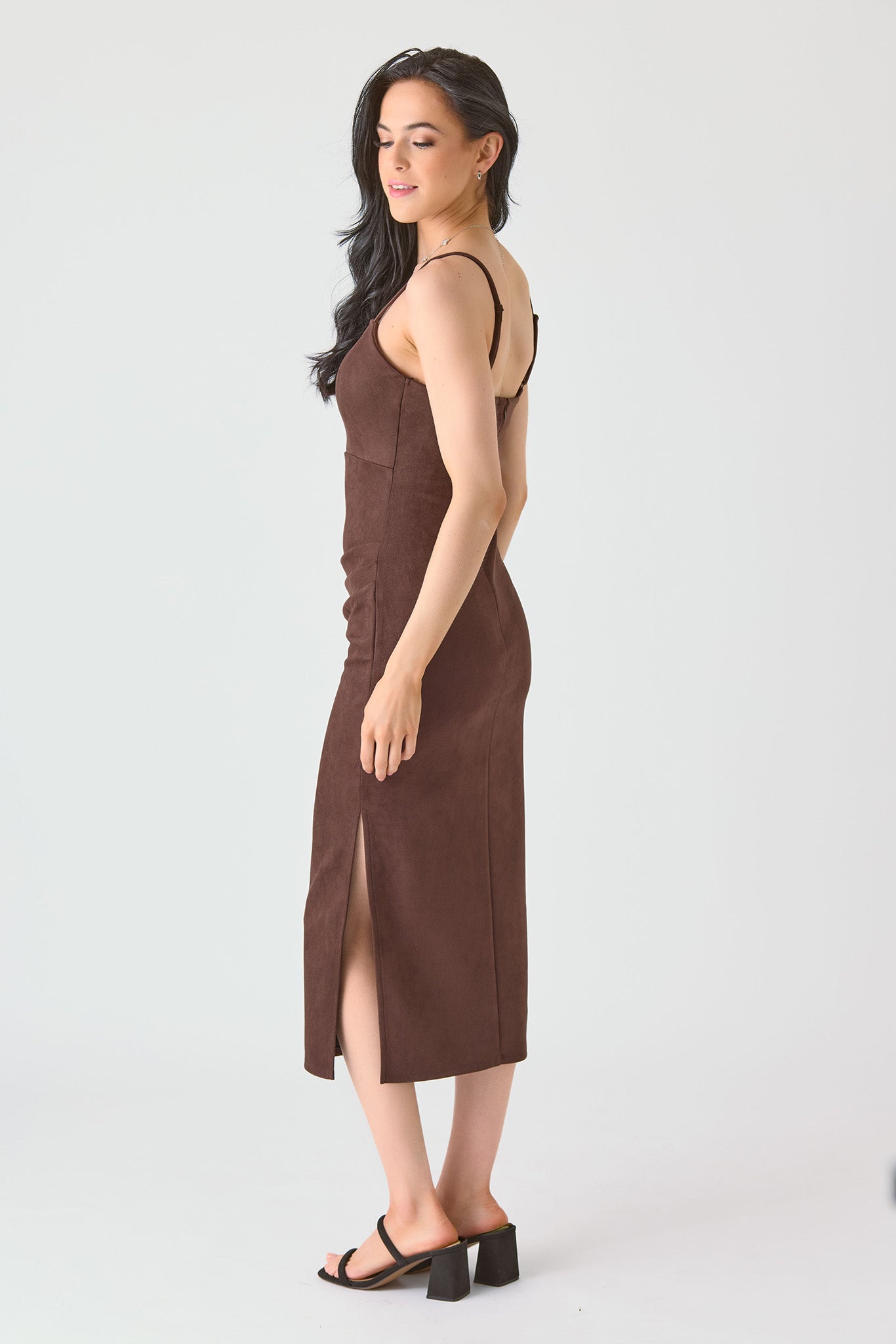 Faux Suede Ruched Side Midi Dress with Side Slit