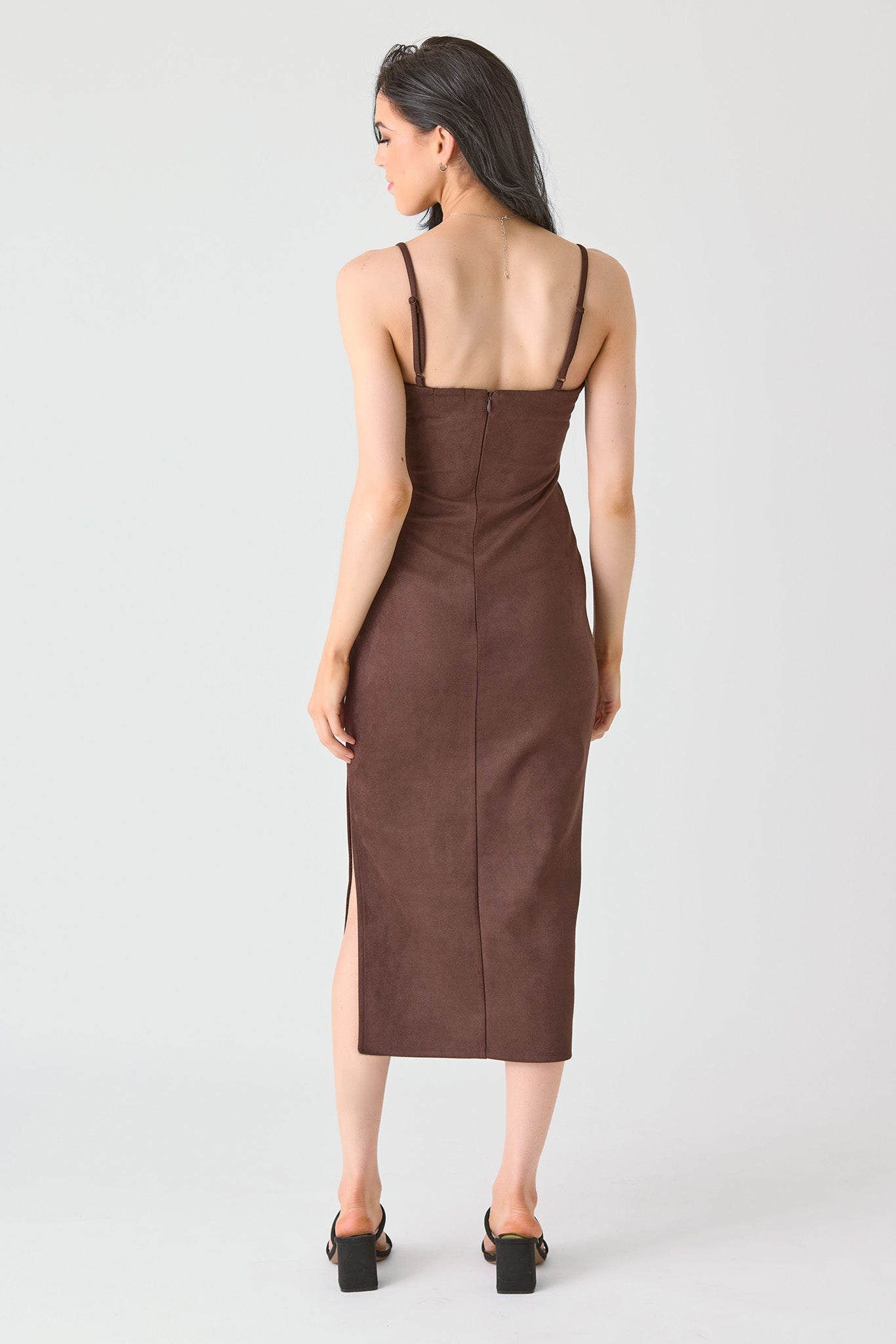Faux Suede Ruched Side Midi Dress with Side Slit