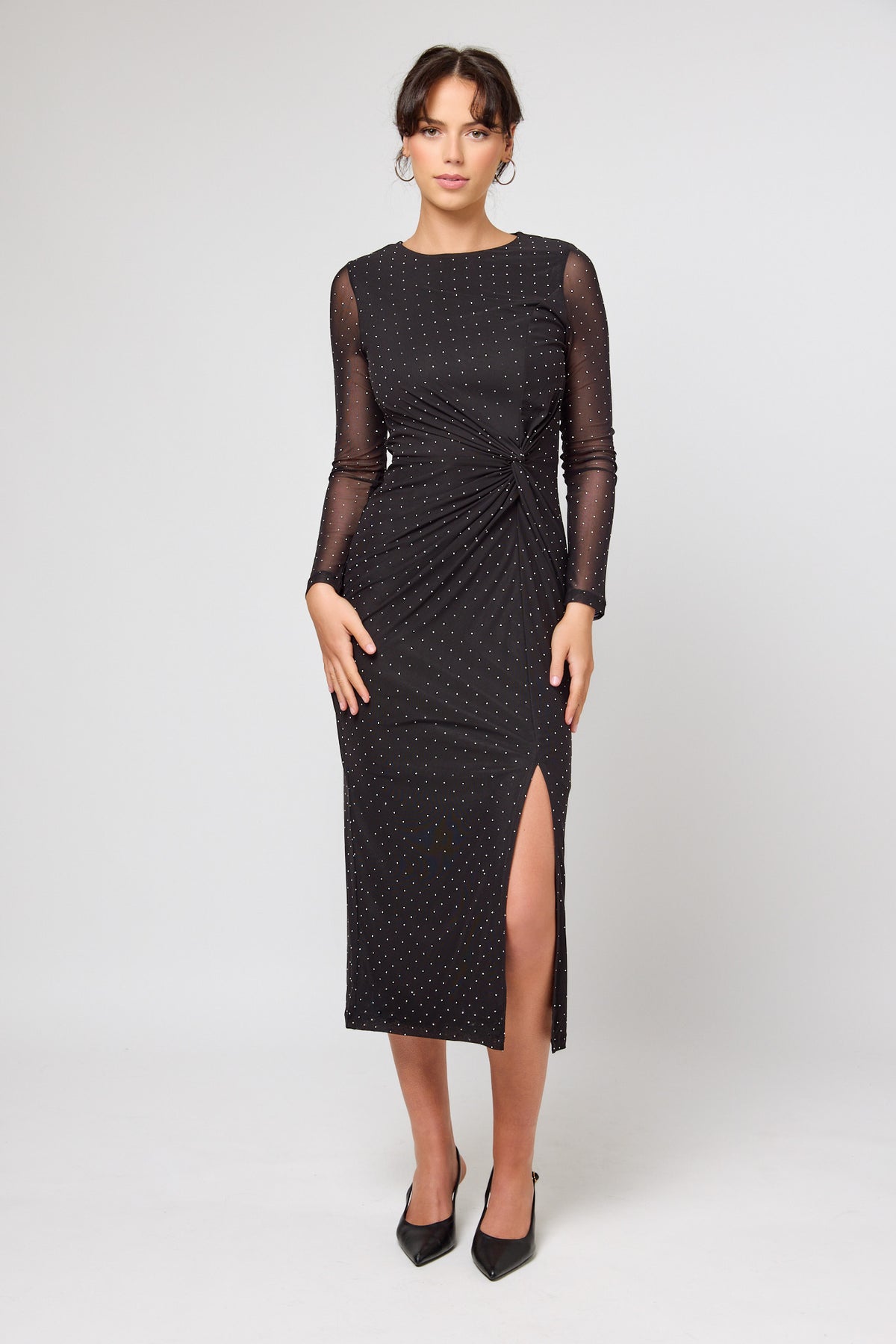 Studded Mesh Long Sleeve Maxi Dress with Front Twist &amp; Side Slit
