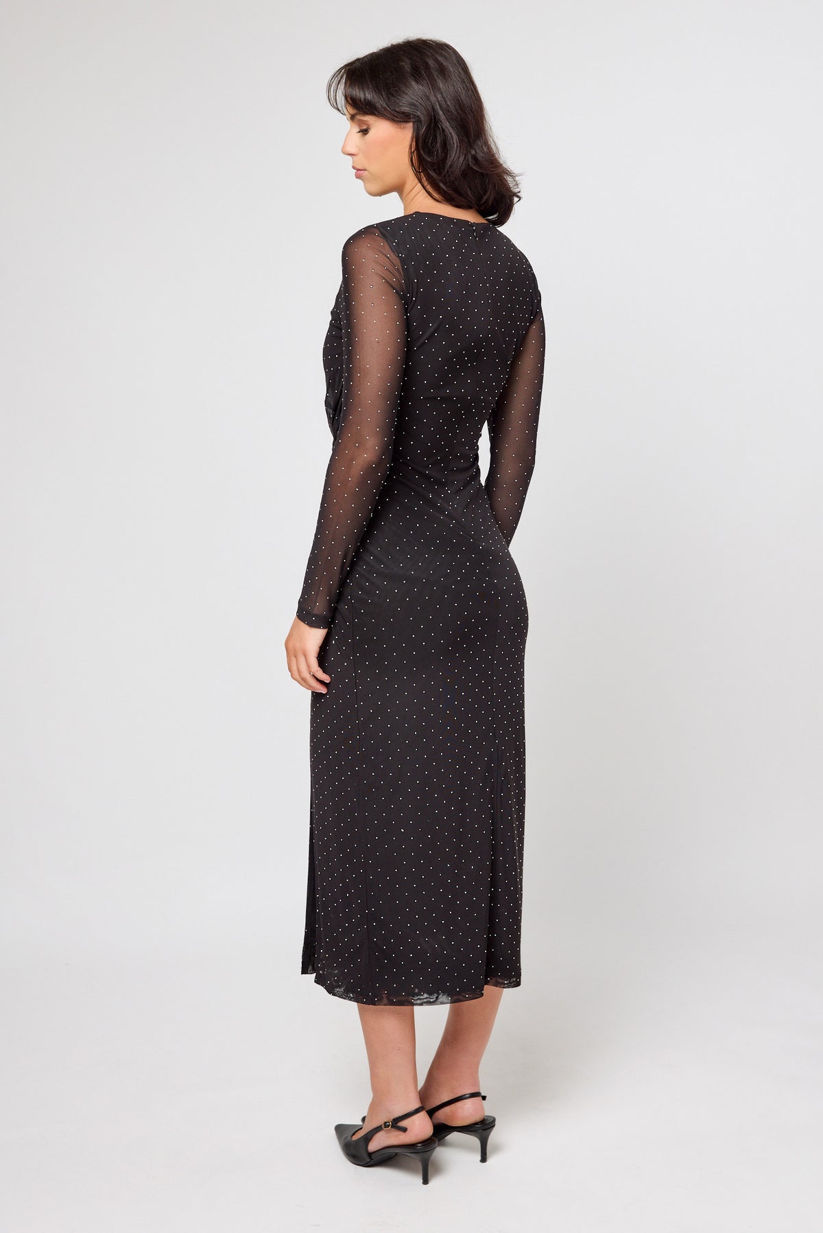 Studded Mesh Long Sleeve Maxi Dress with Front Twist &amp; Side Slit