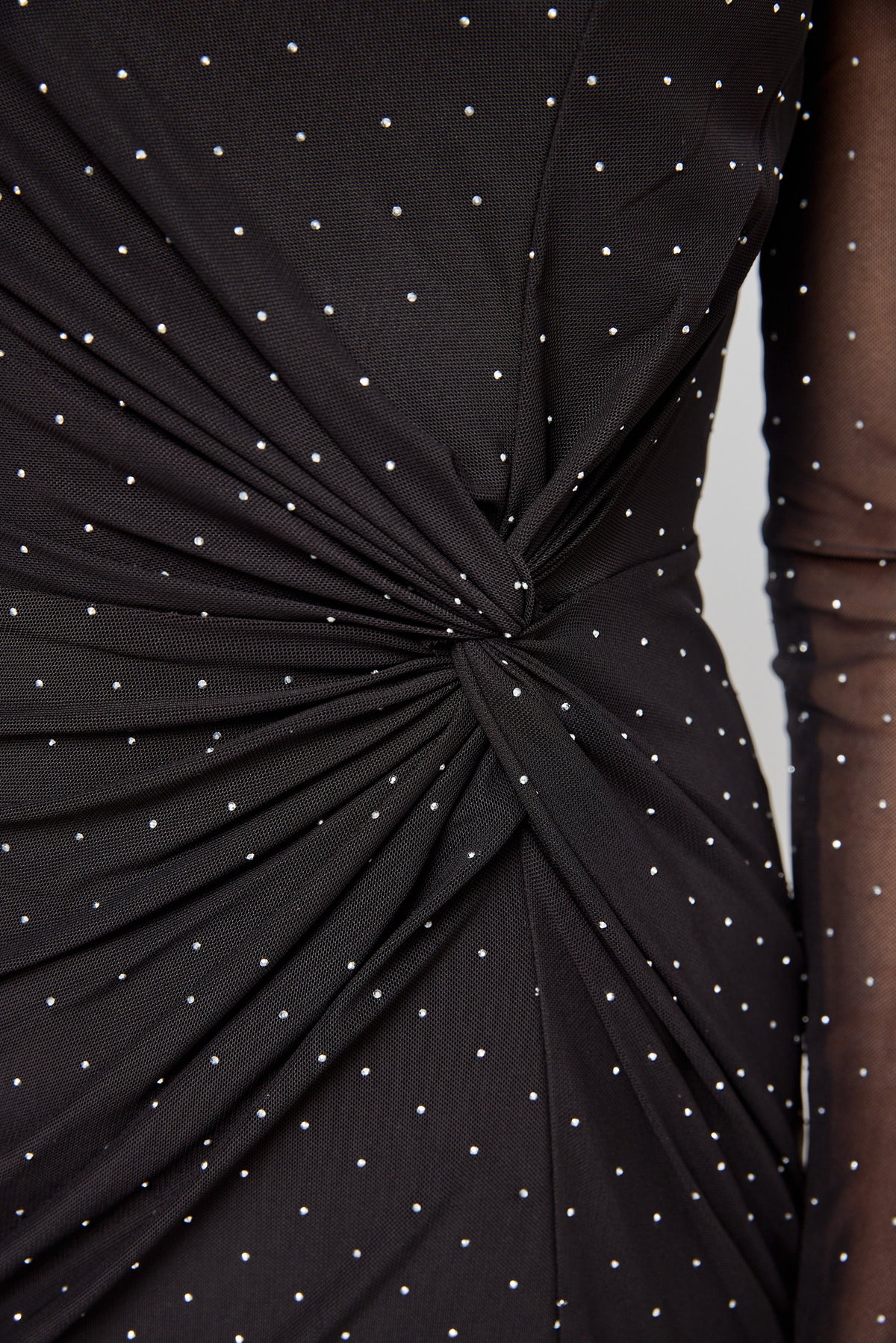 Studded Mesh Long Sleeve Maxi Dress with Front Twist &amp; Side Slit