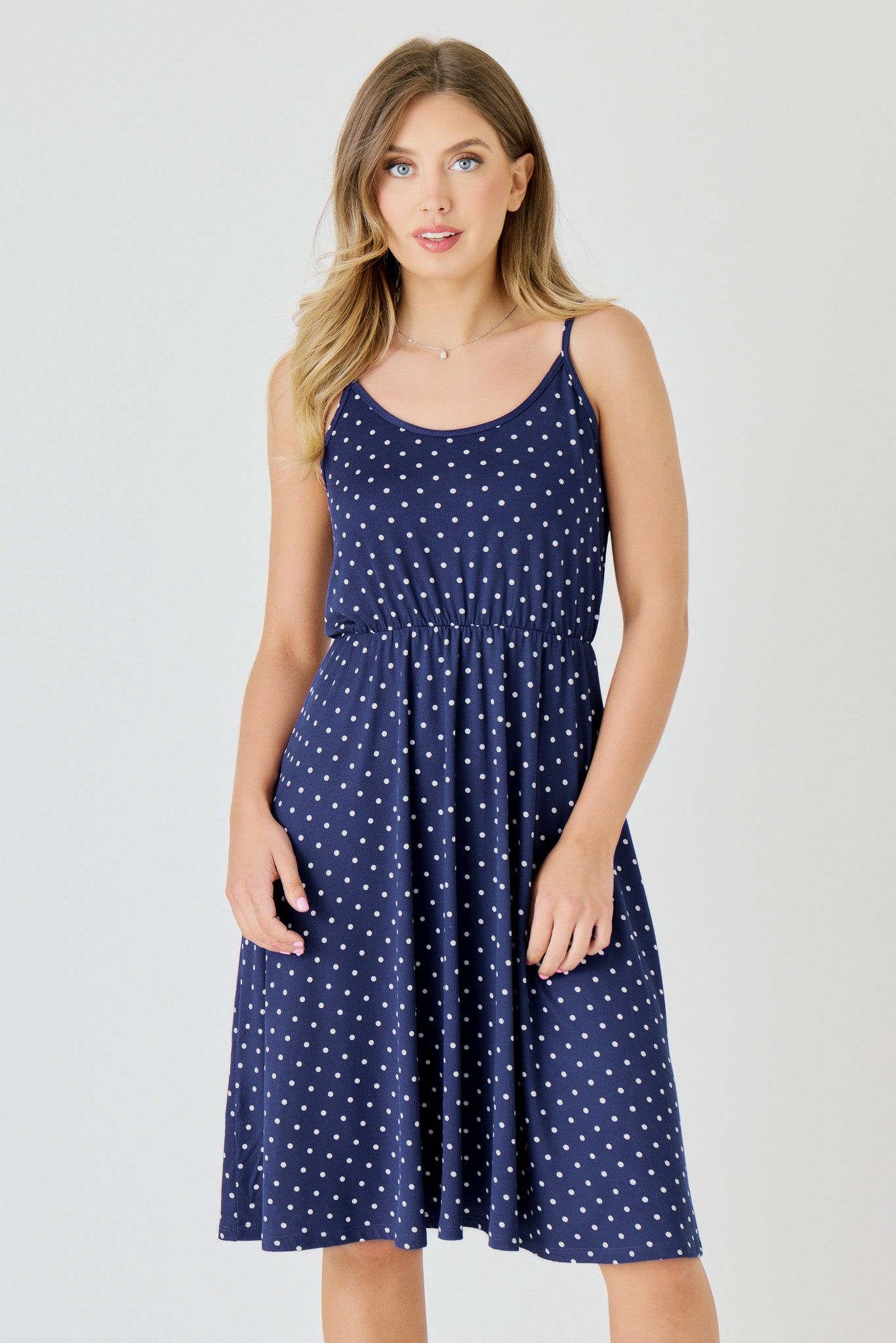 Polka Dot Brushed Spaghetti Strap Midi Dress