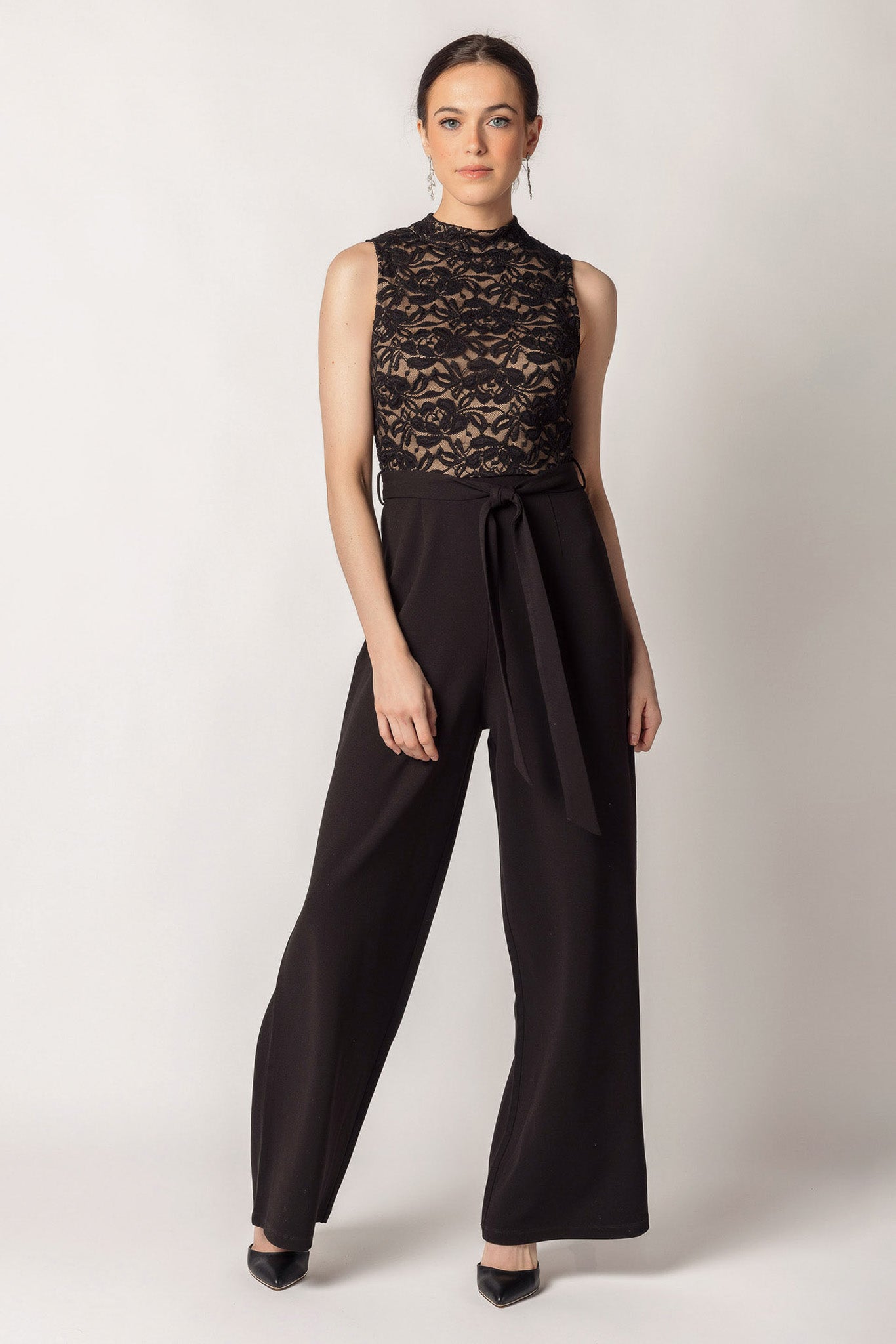 Sleeveless Lace Jumpsuit with Tie-Belt