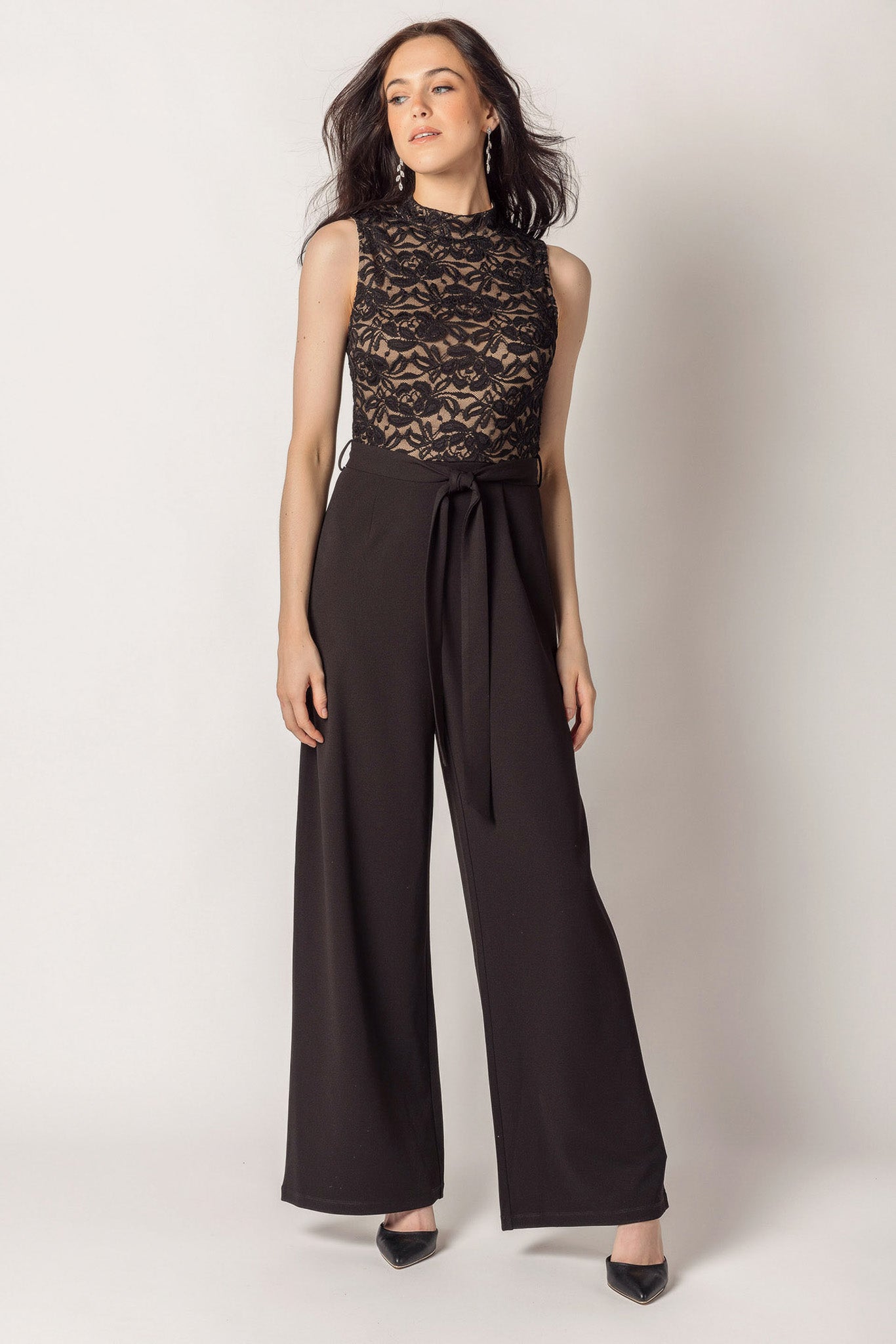 Sleeveless Lace Jumpsuit with Tie-Belt
