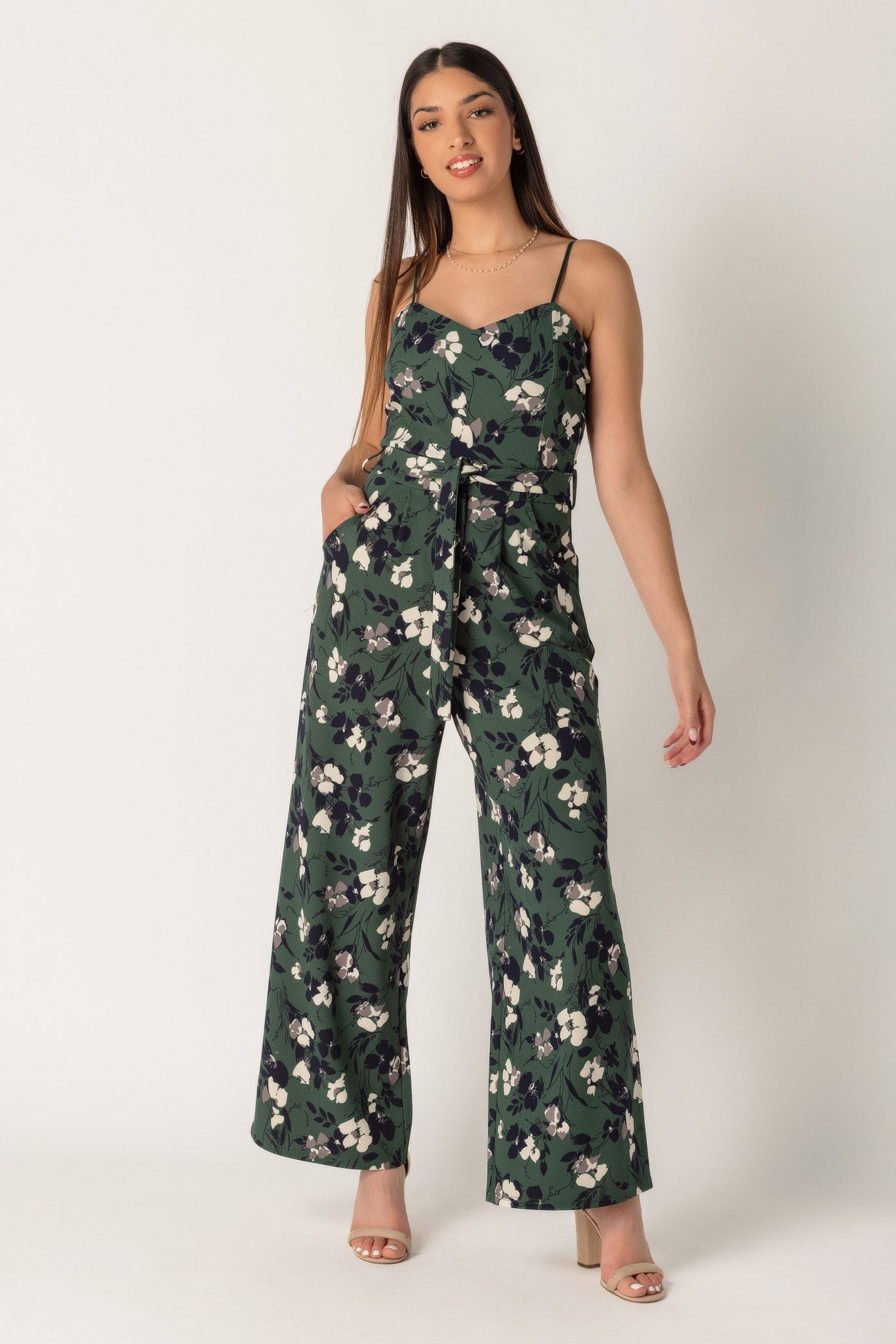 Floral Spaghetti Strap Jumpsuit with Tie-Belt