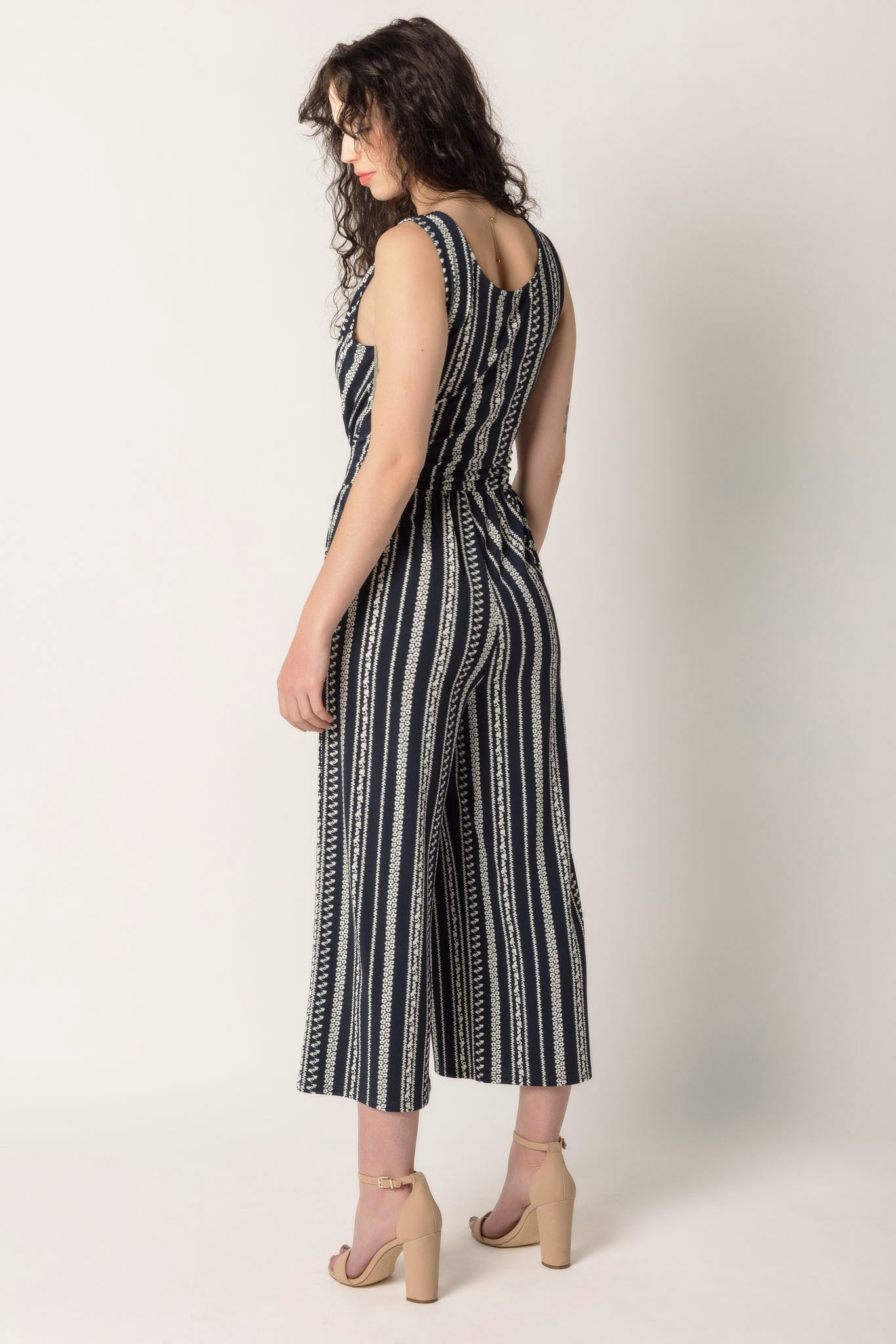 Decorative Stripe Knit Crepe Sleeveless Jumpsuit