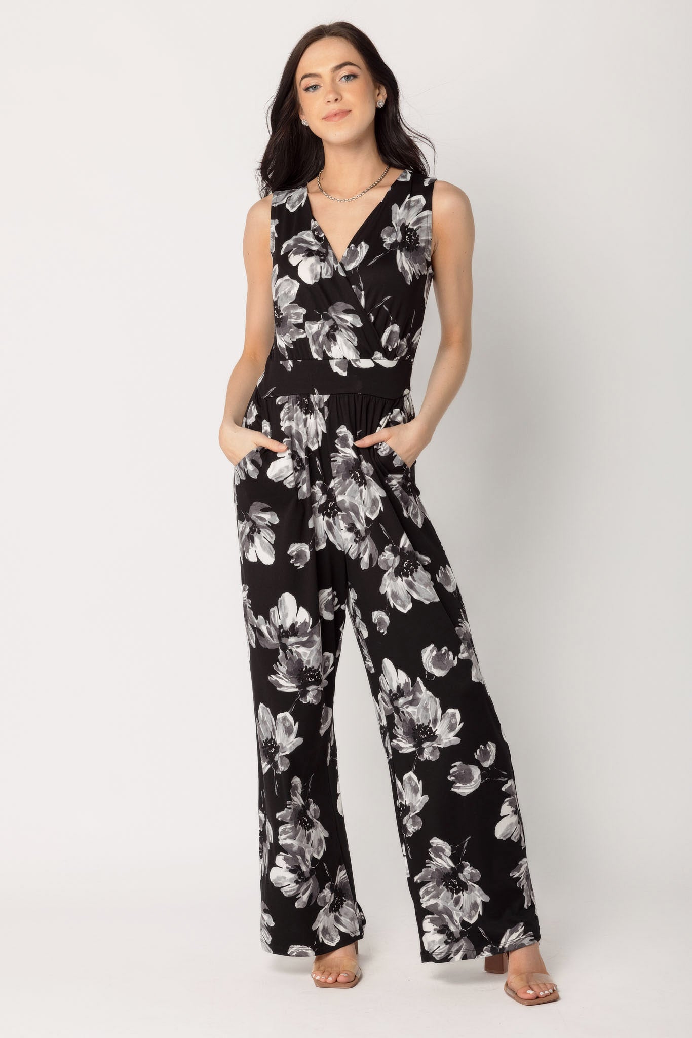 Floral Brushed Sleeveless Crossover Jumpsuit