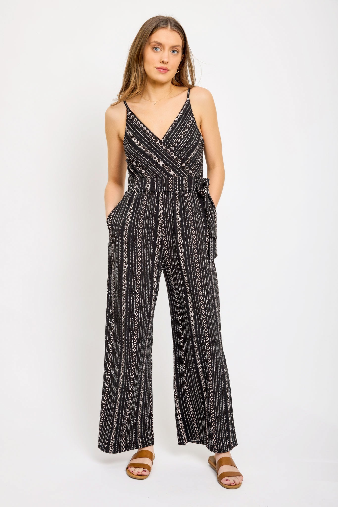 Decorative-Stripe Sleeveless Crossover Jumpsuit