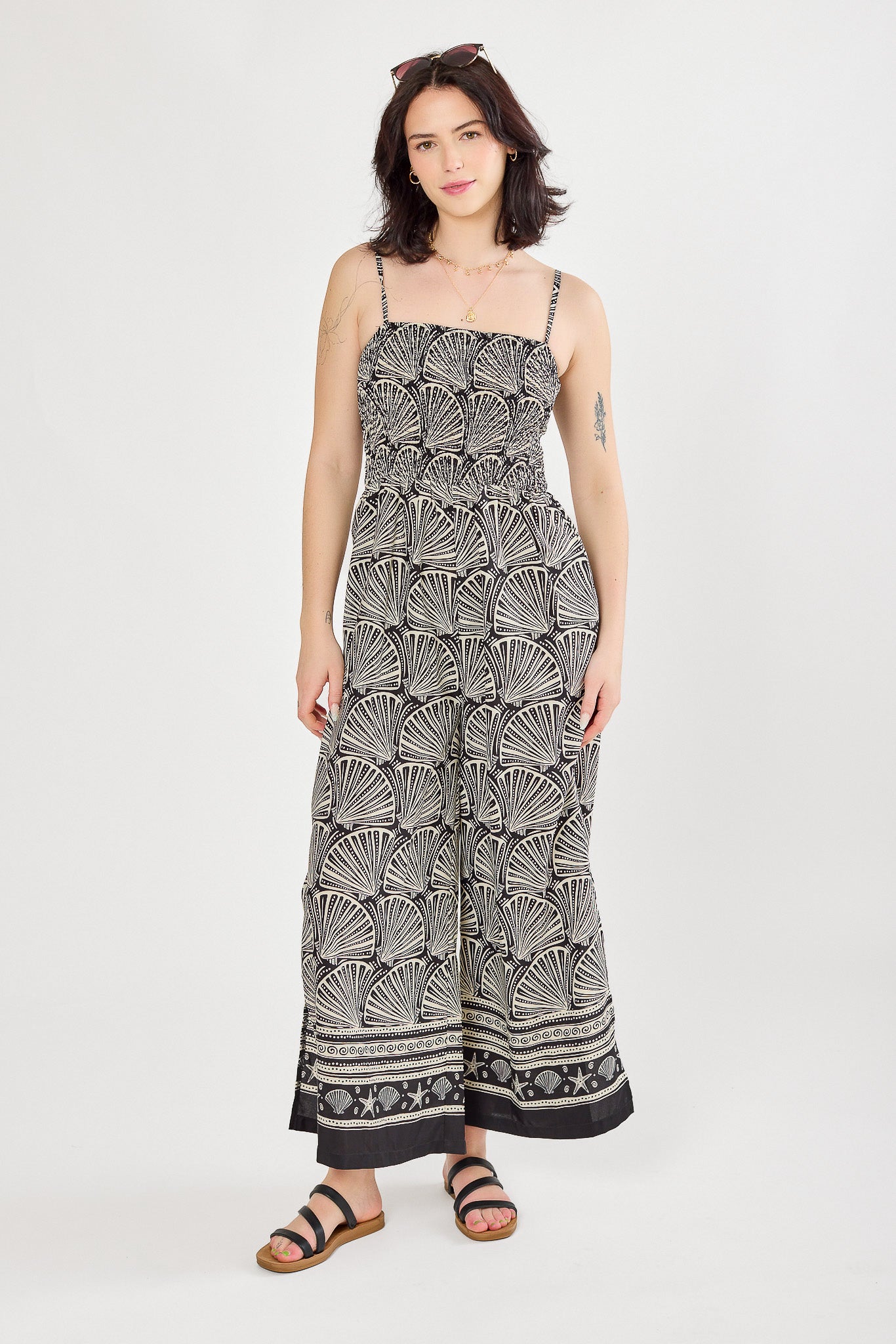 Shell Print Smocked Wide-Leg Jumpsuit