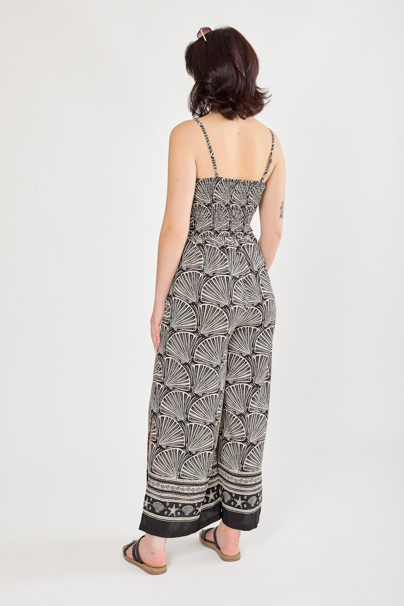Shell Print Smocked Wide-Leg Jumpsuit