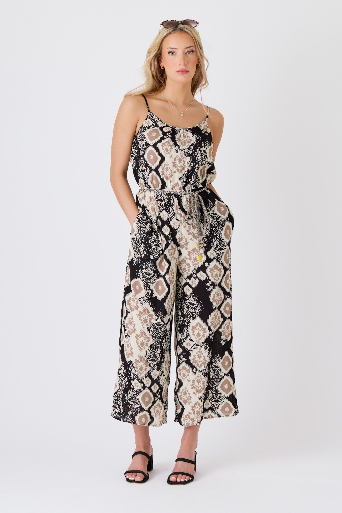 Boho Rayon Gauze Spaghetti Strap Culotte Jumpsuit with Tie Belt
